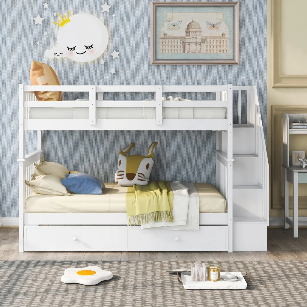 White Double Twin Size Stairway Bunk Bed By Homeroots - Image 2