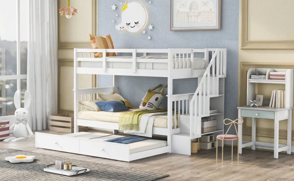 White Double Twin Size Stairway Bunk Bed By Homeroots - Image 3