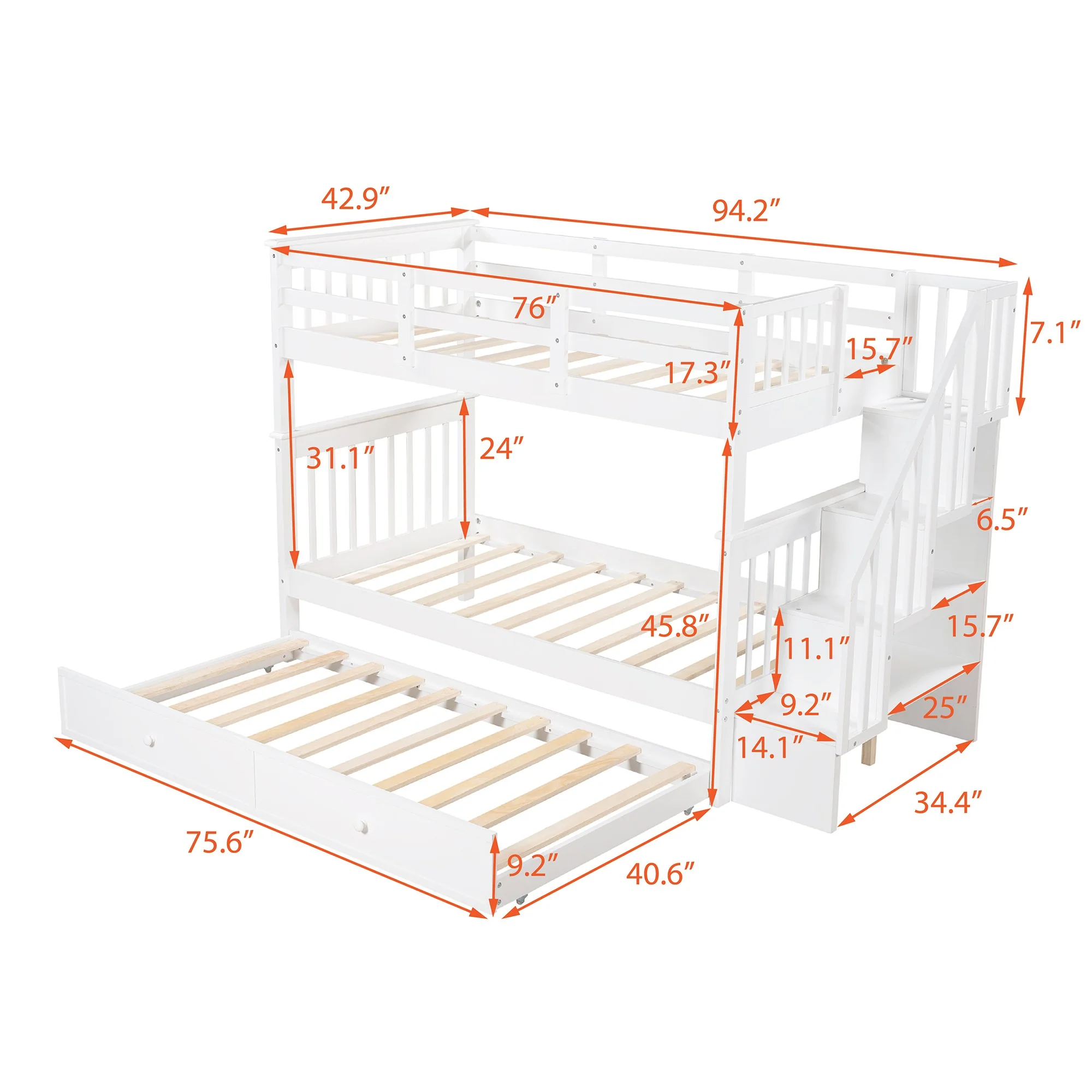 White Double Twin Size Stairway Bunk Bed By Homeroots - Image 5