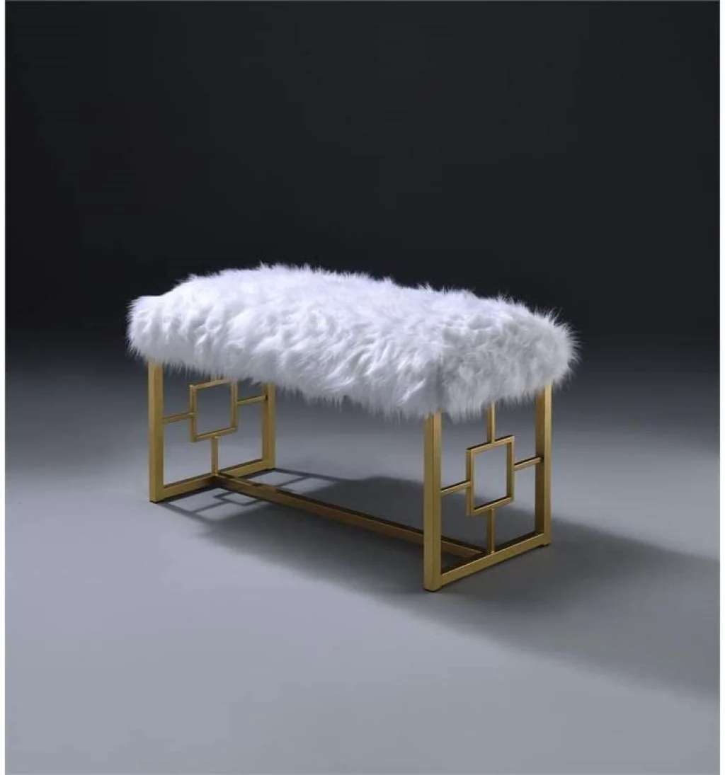 White FauFur Gold Metal Upholstered Bench By Homeroots - Image 3