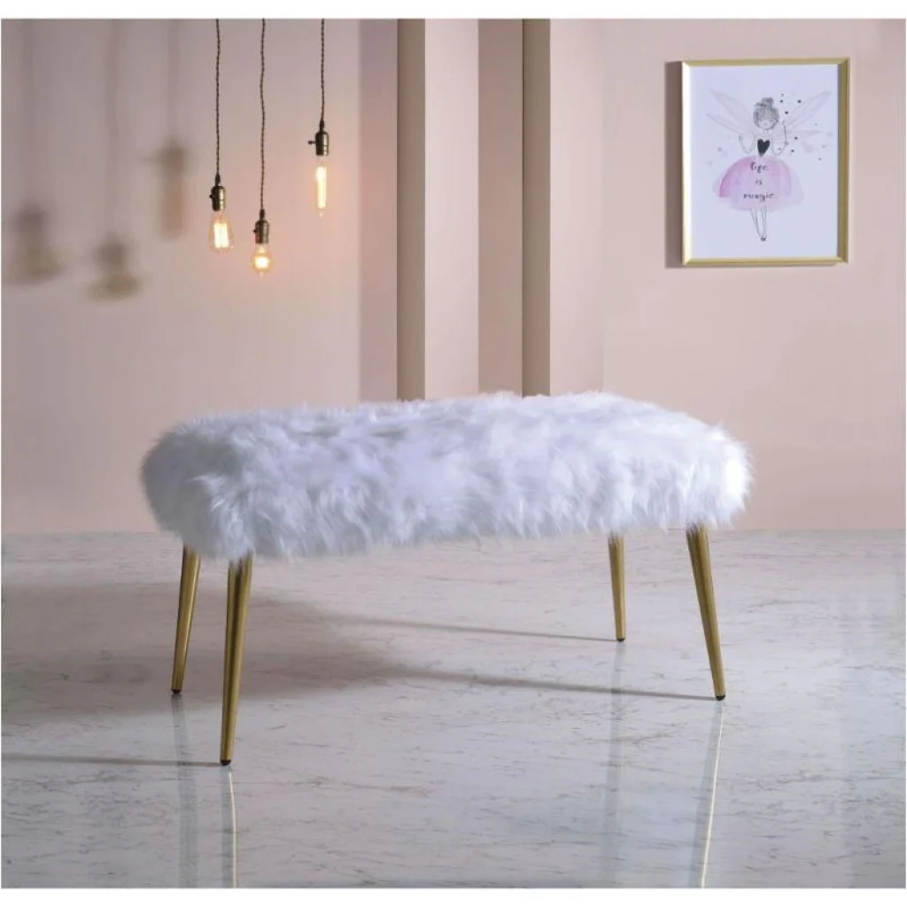 White FauFur Gold Metal Upholstered Seat Bench By Homeroots - Image 2