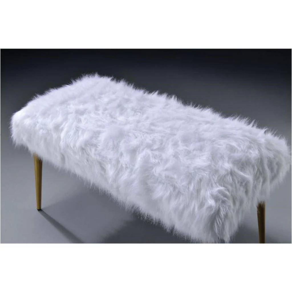 White FauFur Gold Metal Upholstered Seat Bench By Homeroots - Image 3