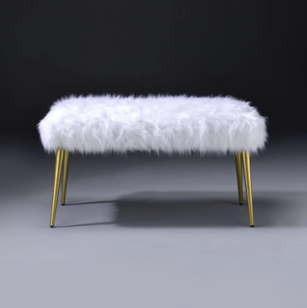 White FauFur Gold Metal Upholstered Seat Bench By Homeroots - Image 4