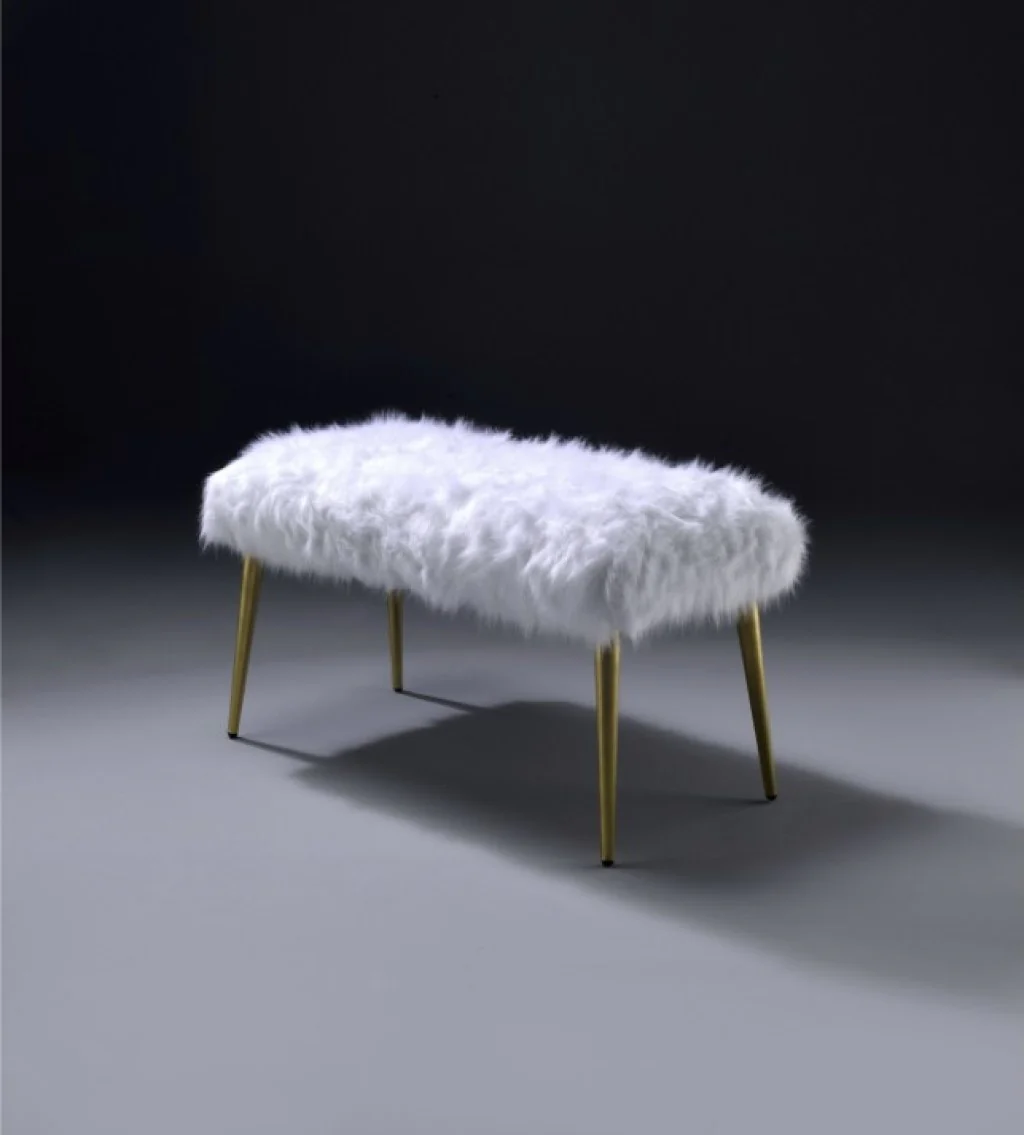 White FauFur Gold Metal Upholstered Seat Bench By Homeroots - Image 5