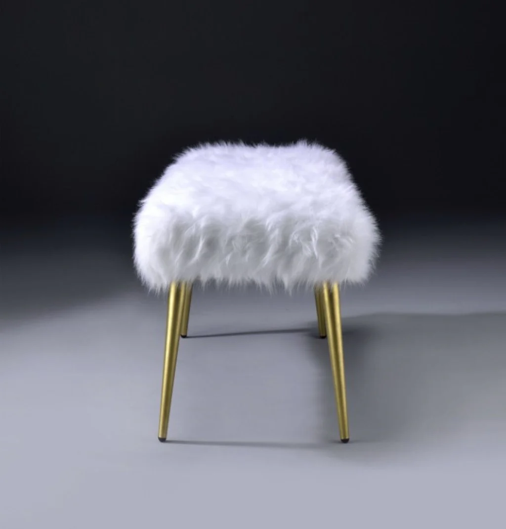 White FauFur Gold Metal Upholstered Seat Bench By Homeroots - Image 6