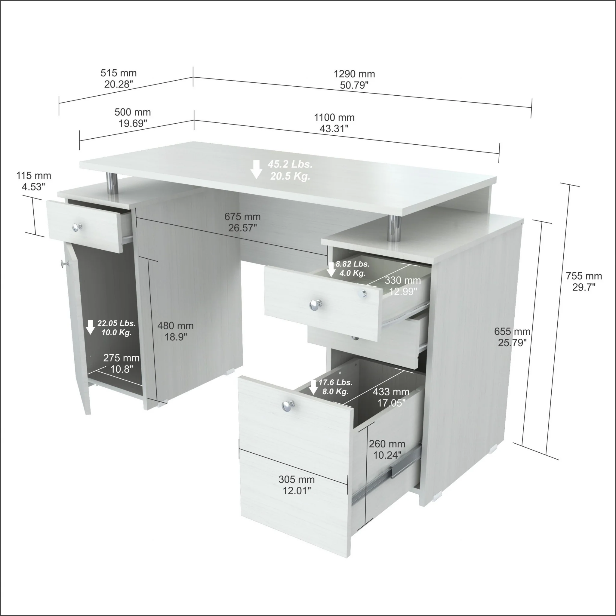 White Finish Wood Computer Desk with Four Drawers By Homeroots - Image 2