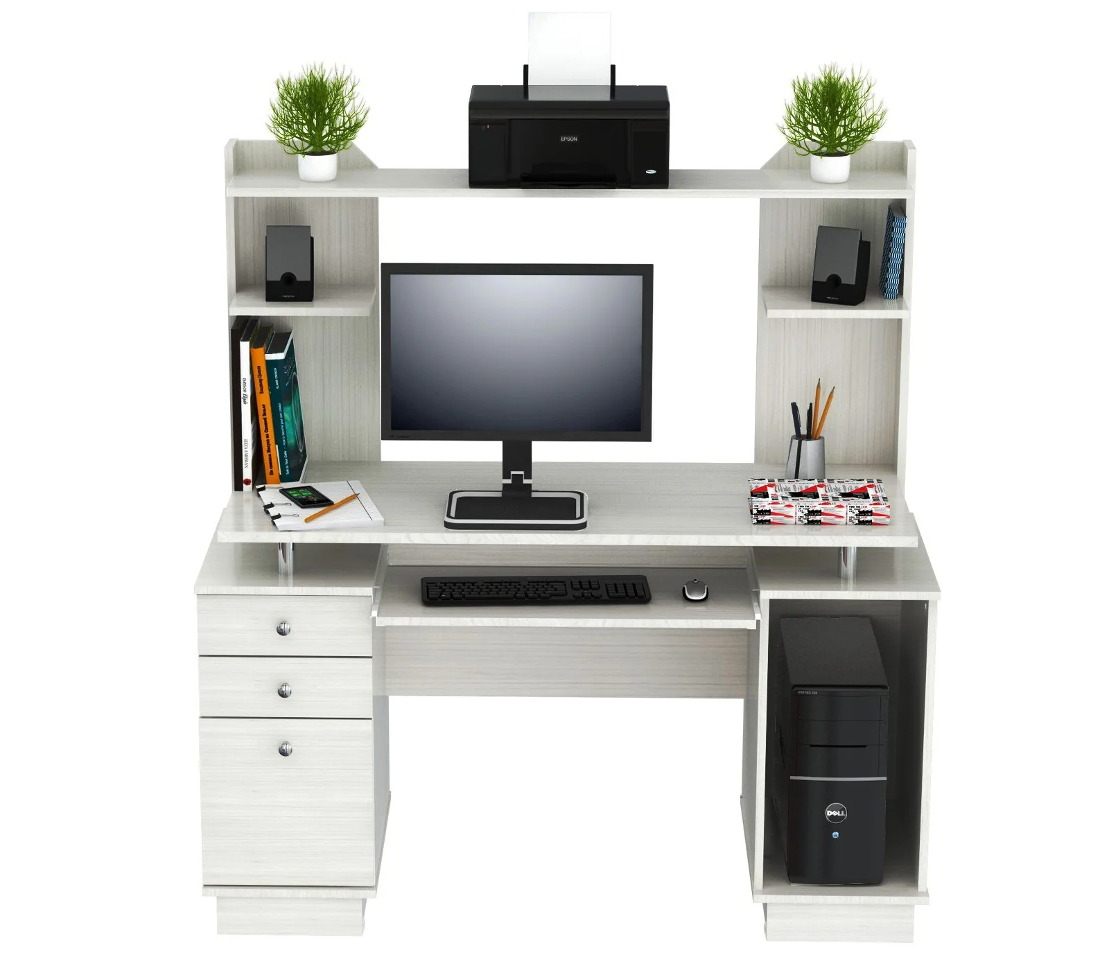 White Finish Wood Computer Desk with Hutch By Homeroots - Image 2