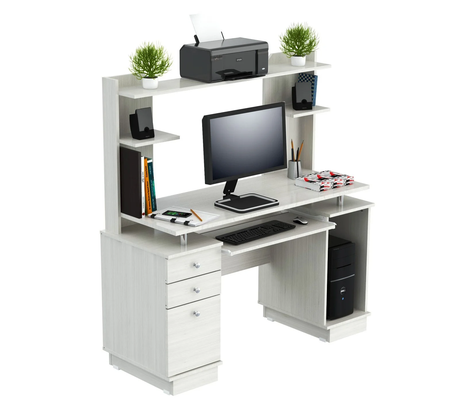 White Finish Wood Computer Desk with Hutch By Homeroots - Image 3
