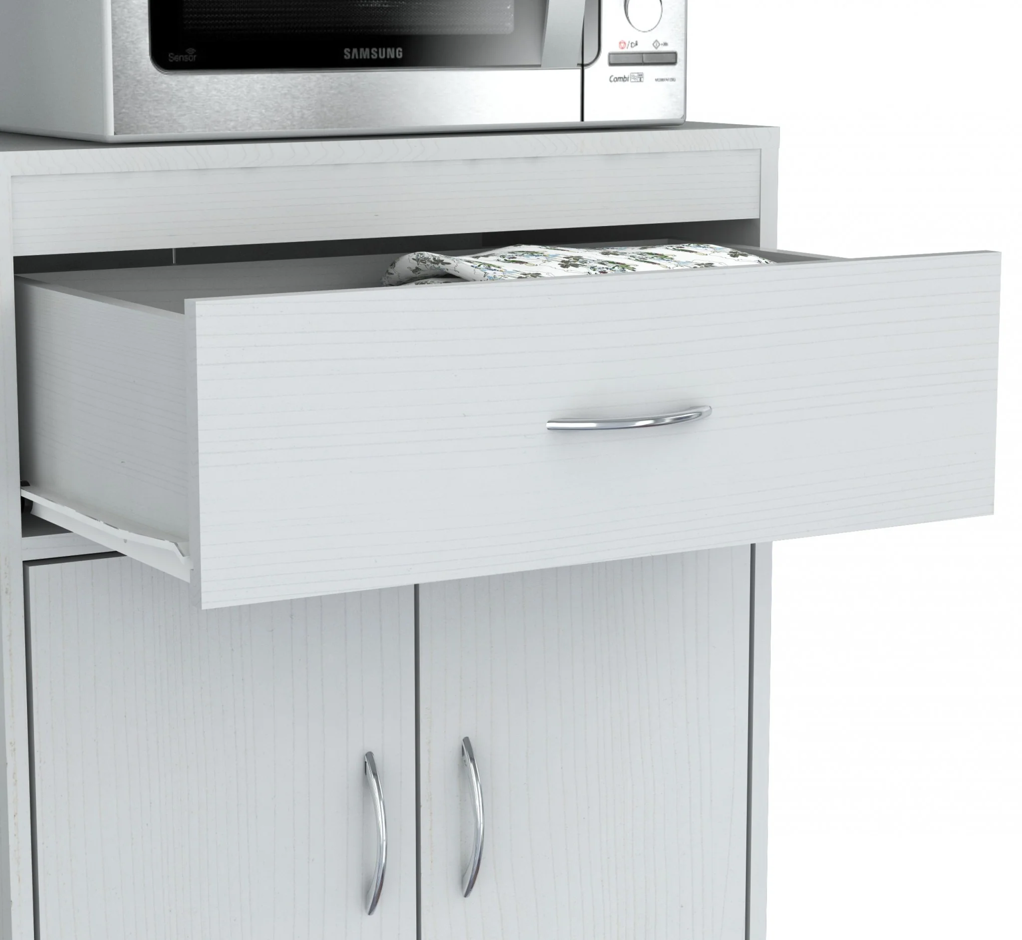 White Finish Wood Microwave Cabinet With Two Doors And Drawer By Homeroots - Image 3