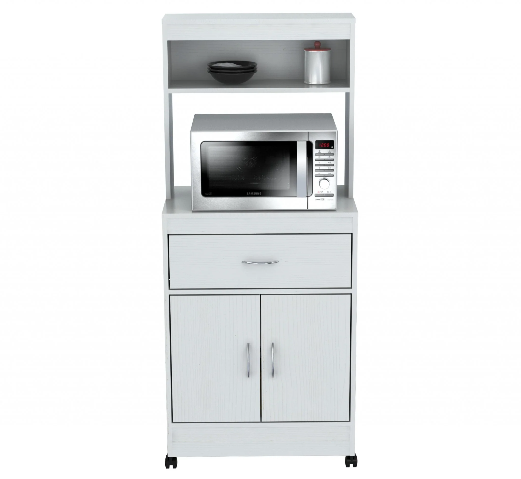 White Finish Wood Microwave Cabinet With Two Doors And Drawer By Homeroots - Image 4