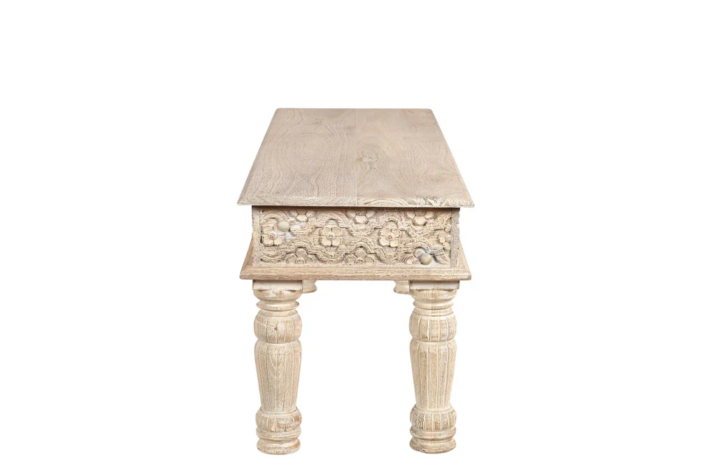 White Floral Distressed Solid Wood Dining Bench By Homeroots - Image 2