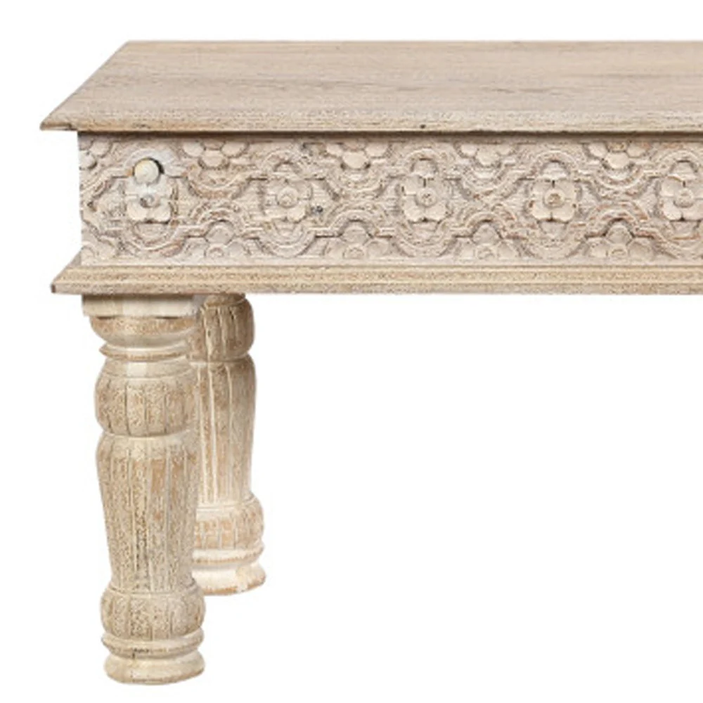 White Floral Distressed Solid Wood Dining Bench By Homeroots - Image 4