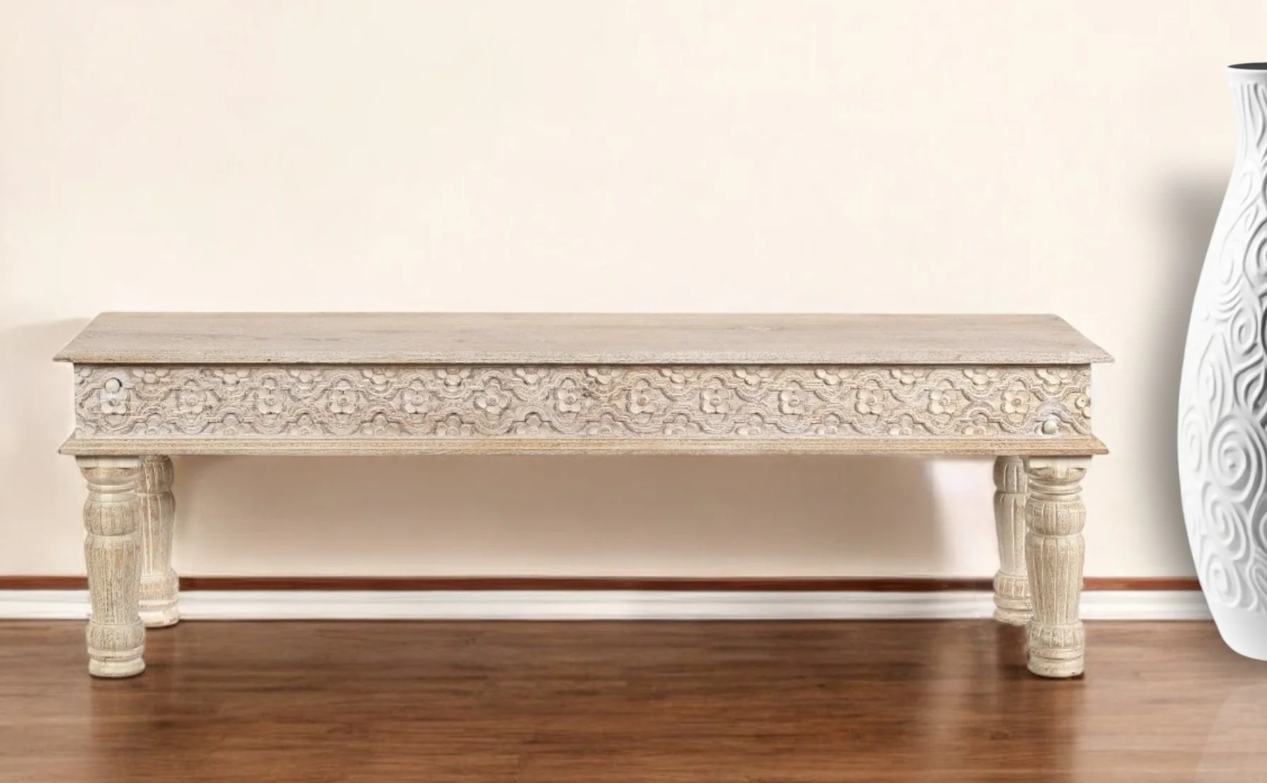 White Floral Distressed Solid Wood Dining Bench By Homeroots - Image 5