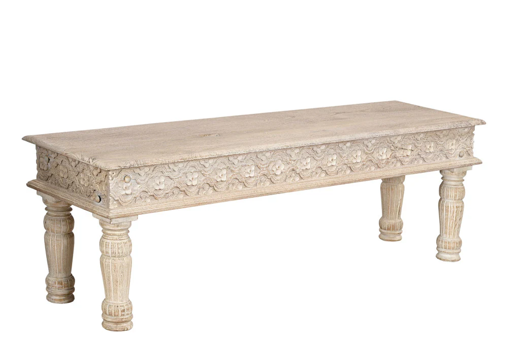 White Floral Distressed Solid Wood Dining Bench By Homeroots - Image 7