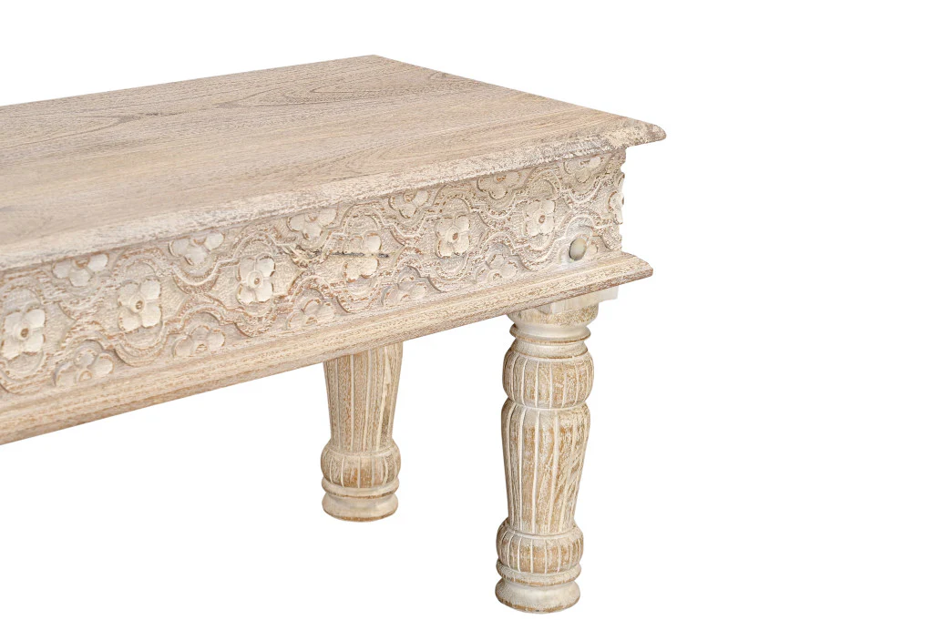 White Floral Distressed Solid Wood Dining Bench By Homeroots - Image 8