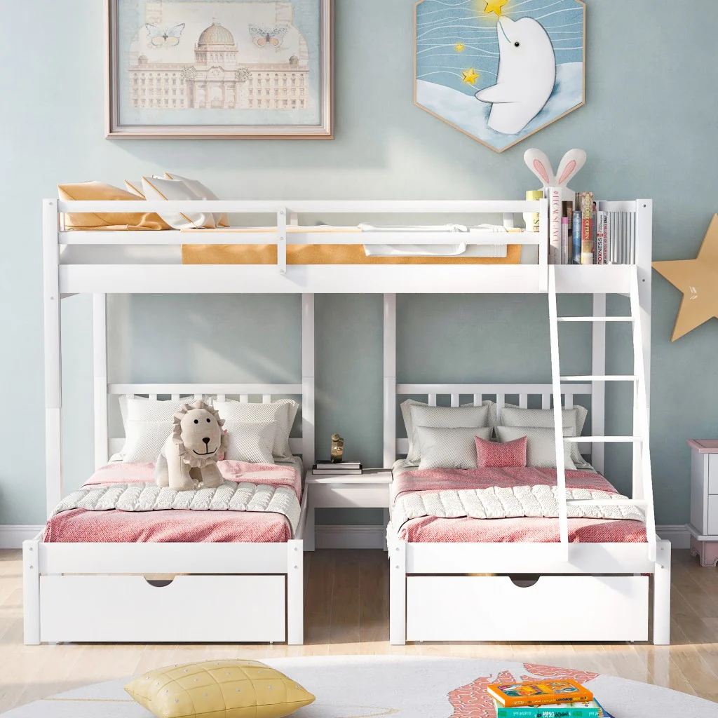 White Full Over Double Twin Triple Bunk Beds With Drawers By Homeroots - Image 2