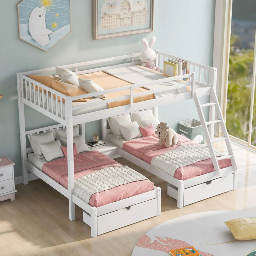 White Full Over Double Twin Triple Bunk Beds With Drawers By Homeroots - Image 3