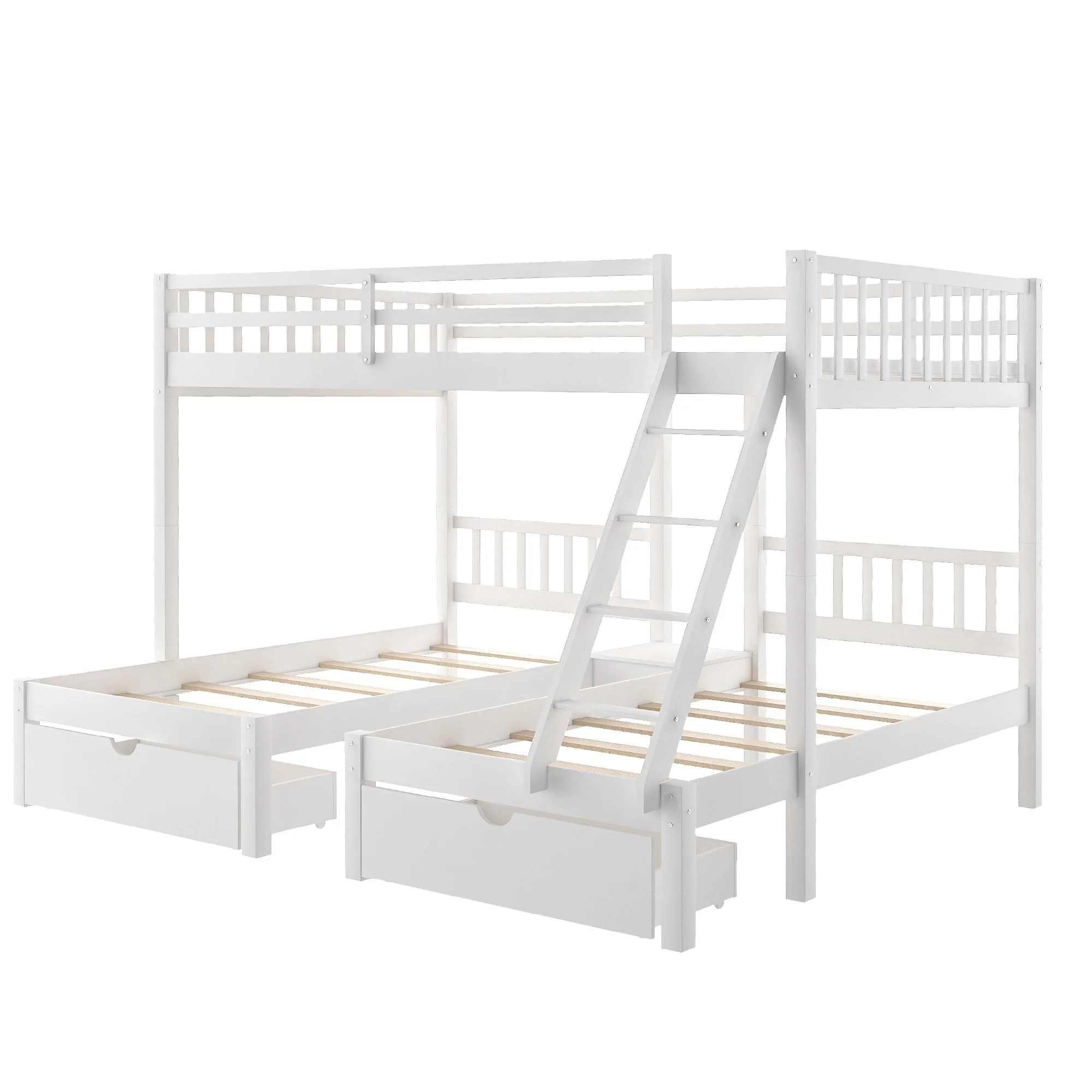 White Full Over Double Twin Triple Bunk Beds With Drawers By Homeroots - Image 4