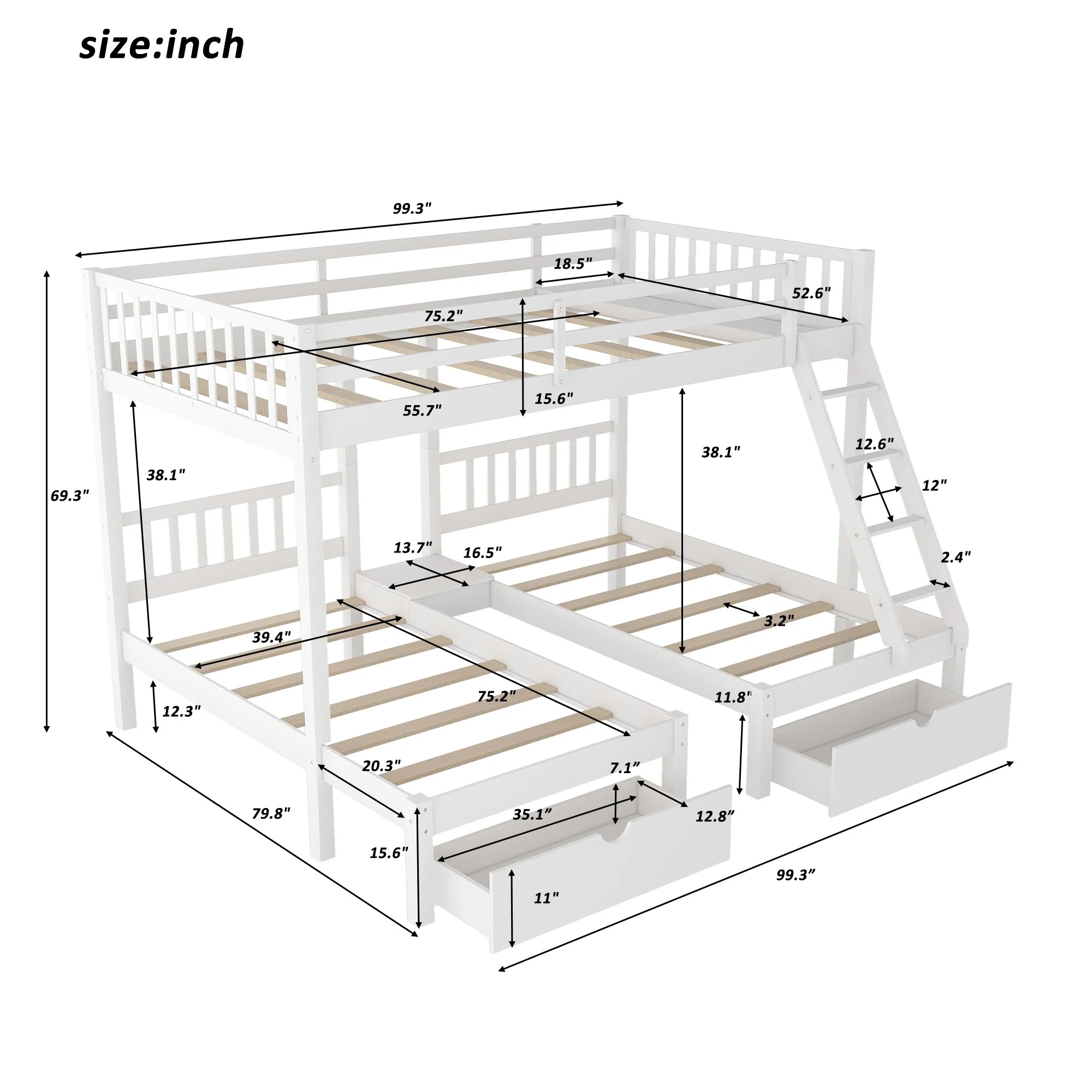 White Full Over Double Twin Triple Bunk Beds With Drawers By Homeroots - Image 7