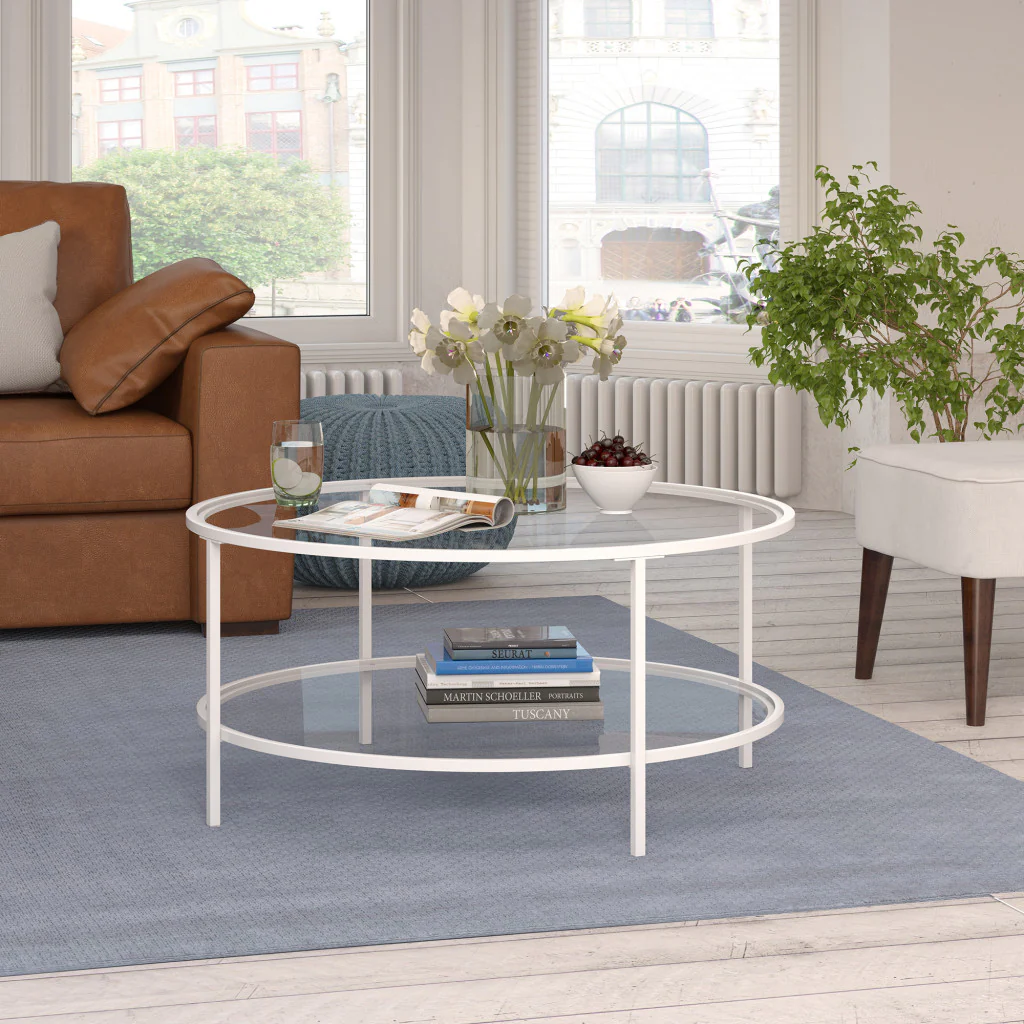 White Glass And Steel Round Coffee Table With Shelf By Homeroots - Image 3