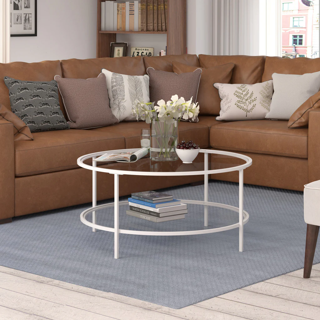 White Glass And Steel Round Coffee Table With Shelf By Homeroots - Image 4