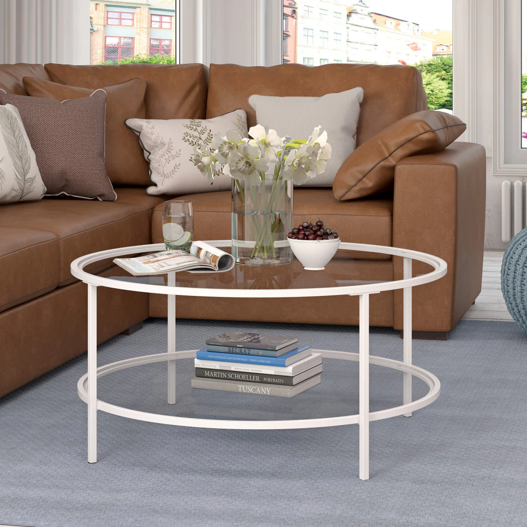 White Glass And Steel Round Coffee Table With Shelf By Homeroots - Image 7