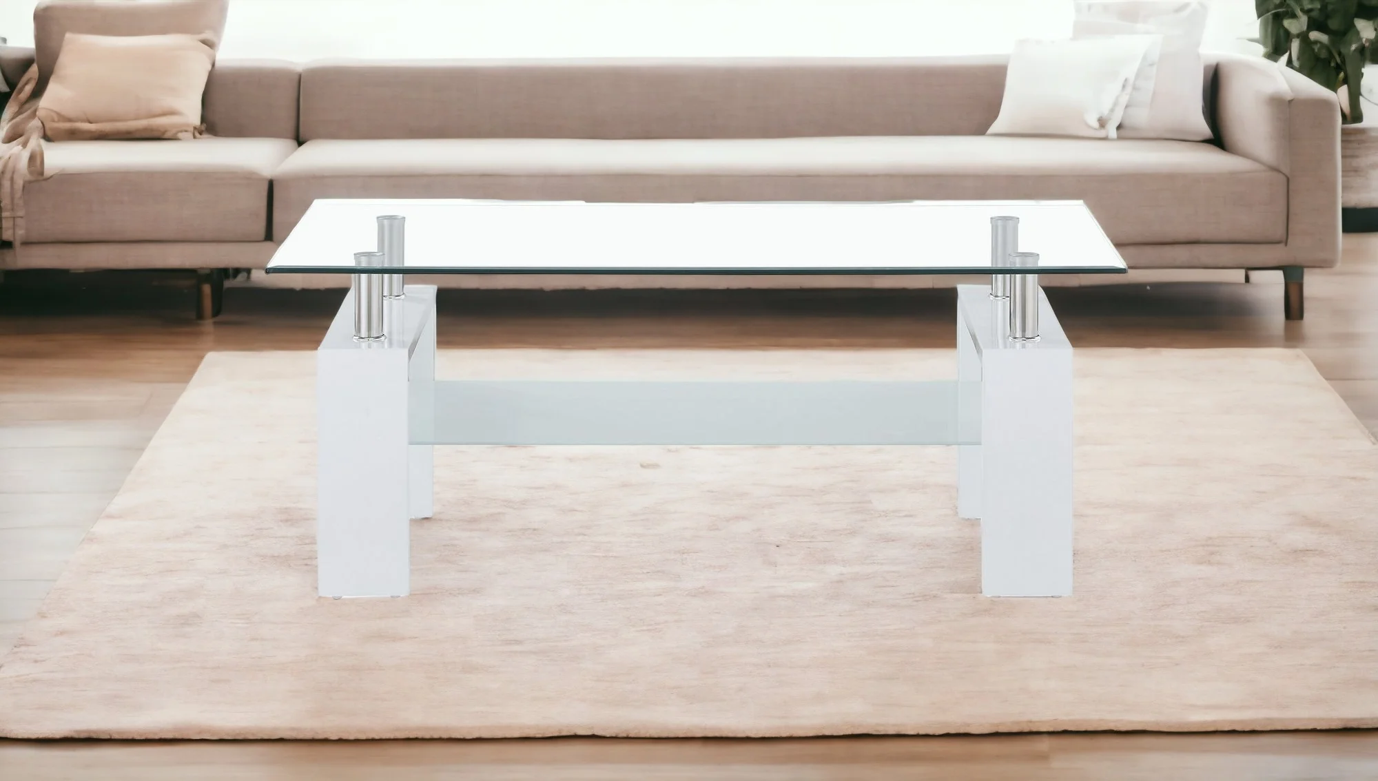 White glossy leg Coffee Table with Rectangular Clear Glass Top By Homeroots - Image 2