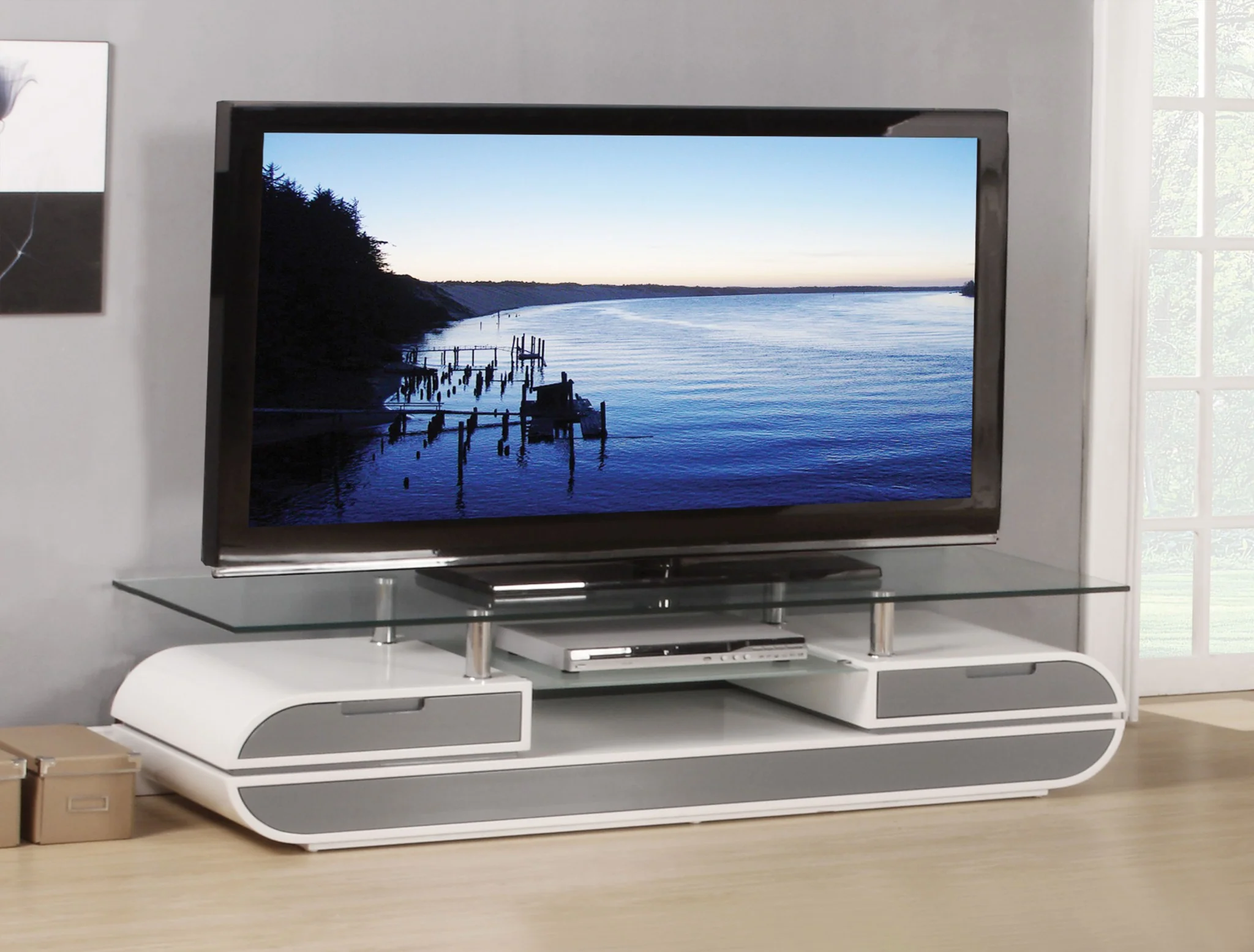 White Gray Wood Glass Metal Veneer TV Stand By Homeroots - Image 2
