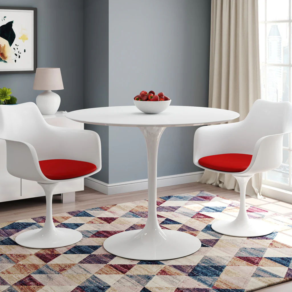 White Heavy Duty Plastic Swivel Dining Arm Chair With Red Faux Leather Cushion By Homeroots - Image 7