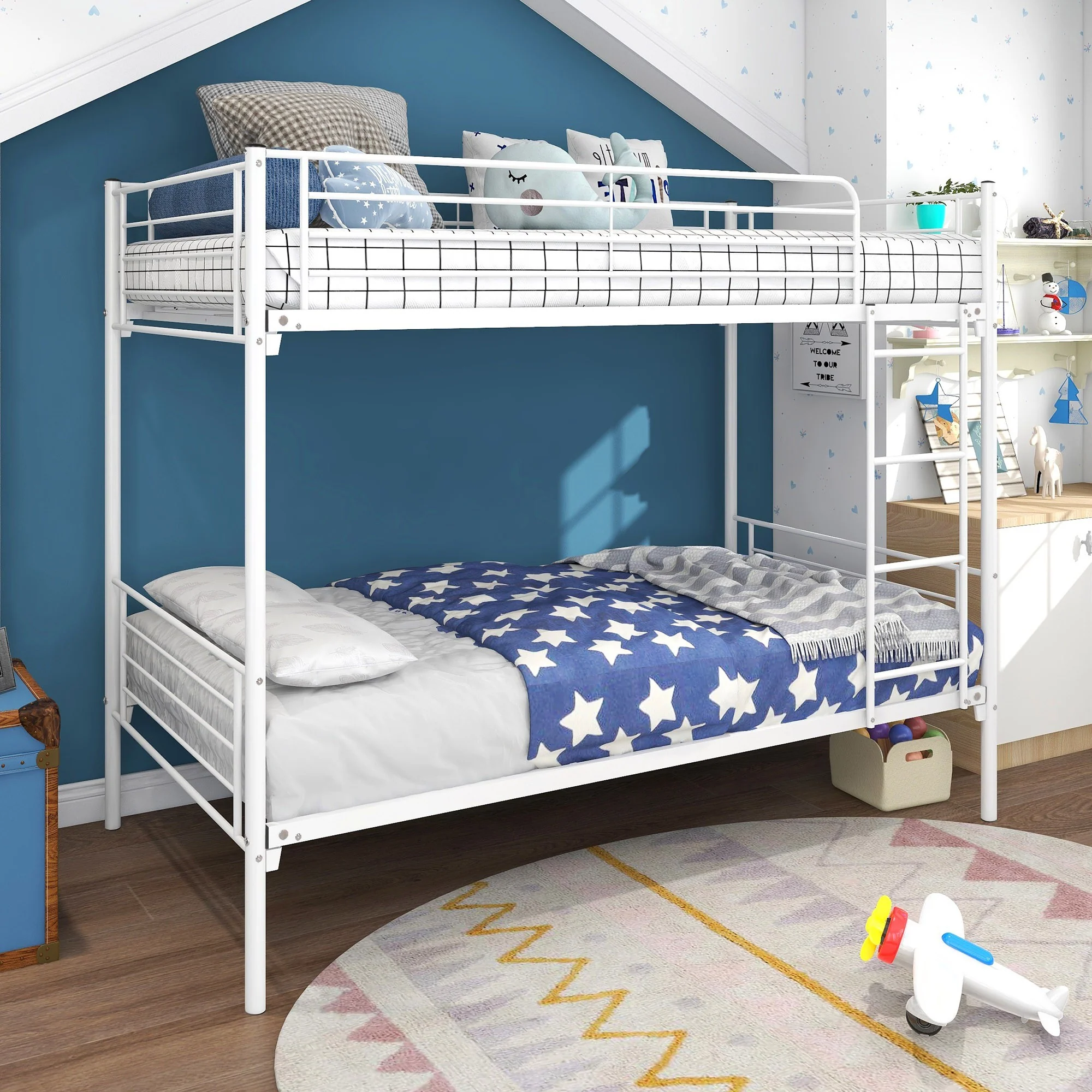 White Heavy Duty Twin Over Full Metal Bunk Bed By Homeroots - Image 2