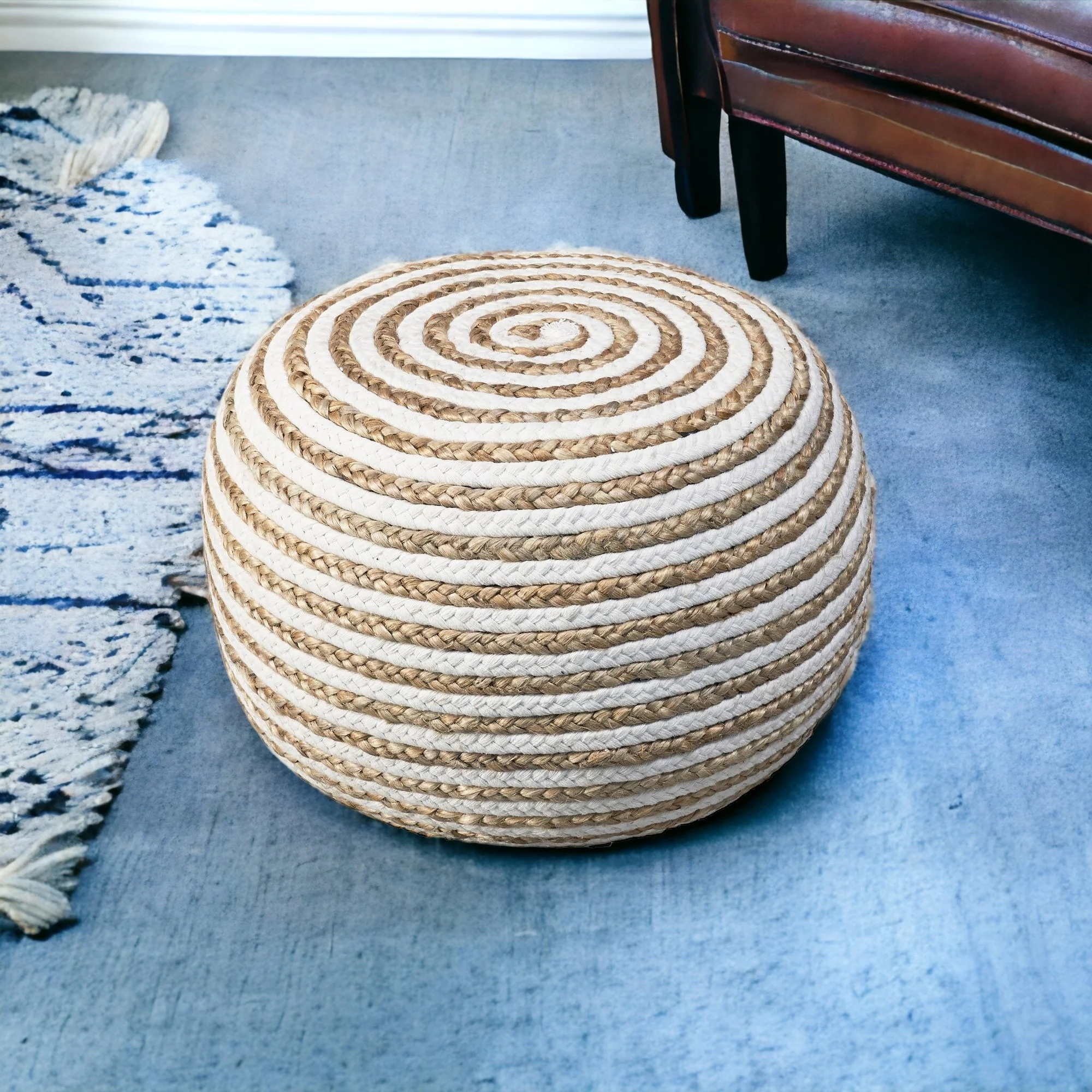 White Jute Ottoman By Homeroots - Image 2