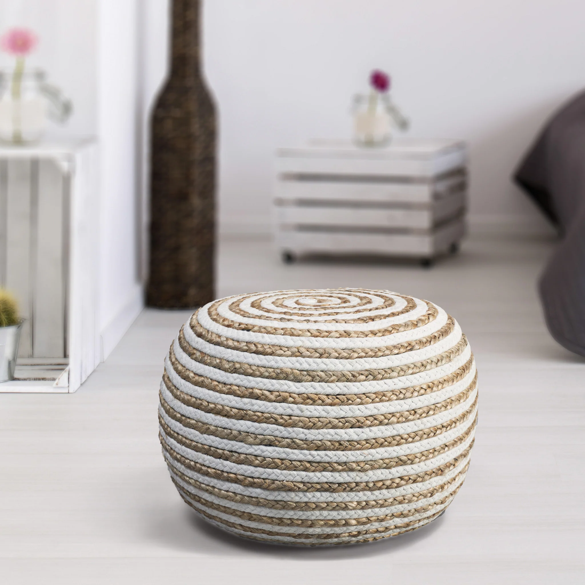 White Jute Ottoman By Homeroots - Image 4