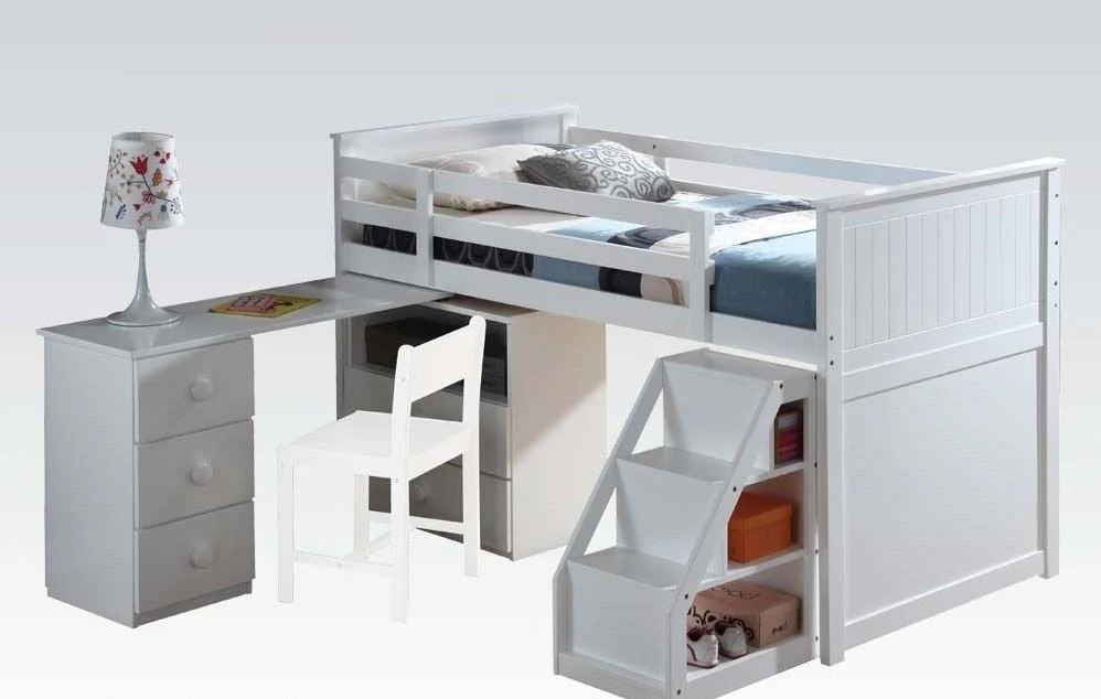 White Loft Bed With Chest And Swivel Deskladder By Homeroots - Image 2