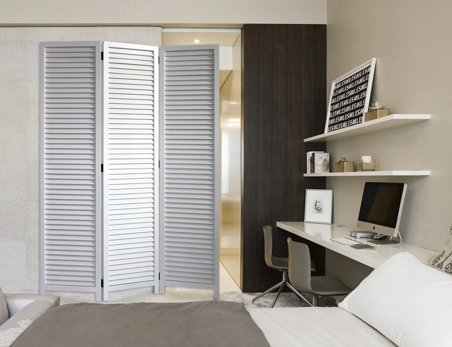 White Louvered Three Panel Room Divider Screen By Homeroots - Image 3