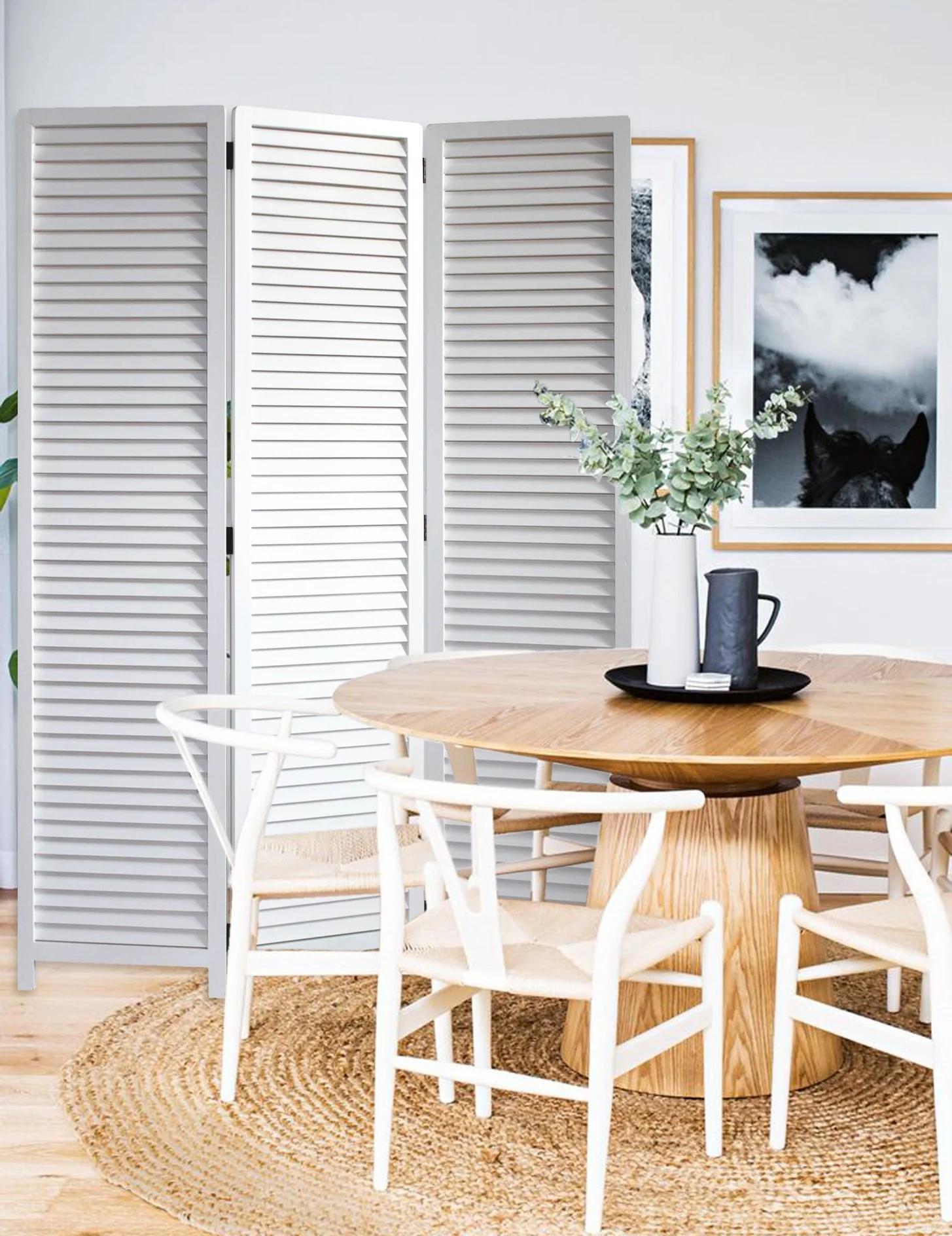 White Louvered Three Panel Room Divider Screen By Homeroots - Image 4
