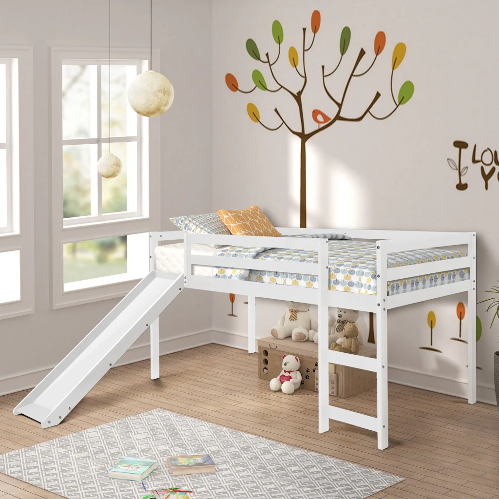 White Low Loft Bed With Slide By Homeroots - Image 3