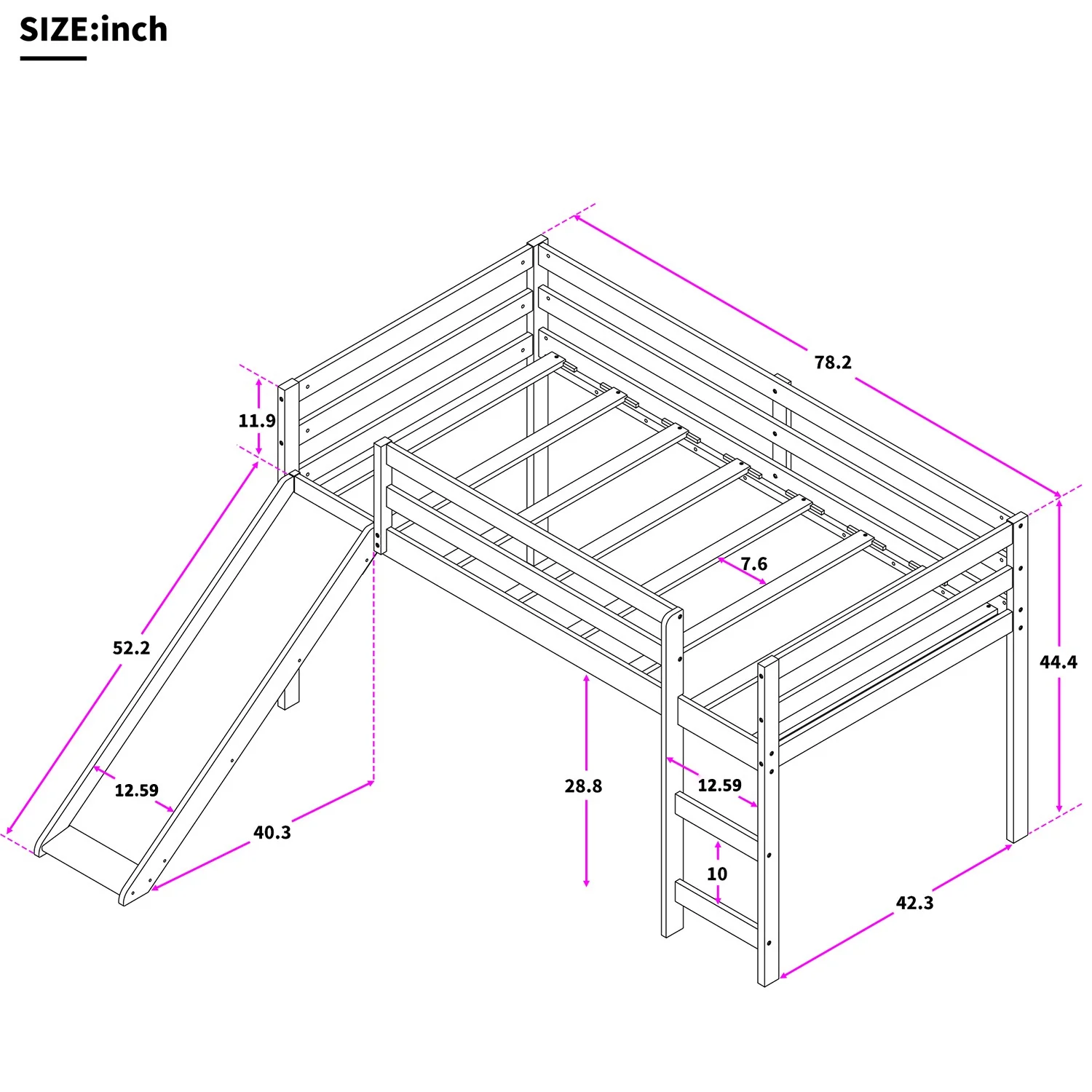 White Low Loft Bed With Slide By Homeroots - Image 8