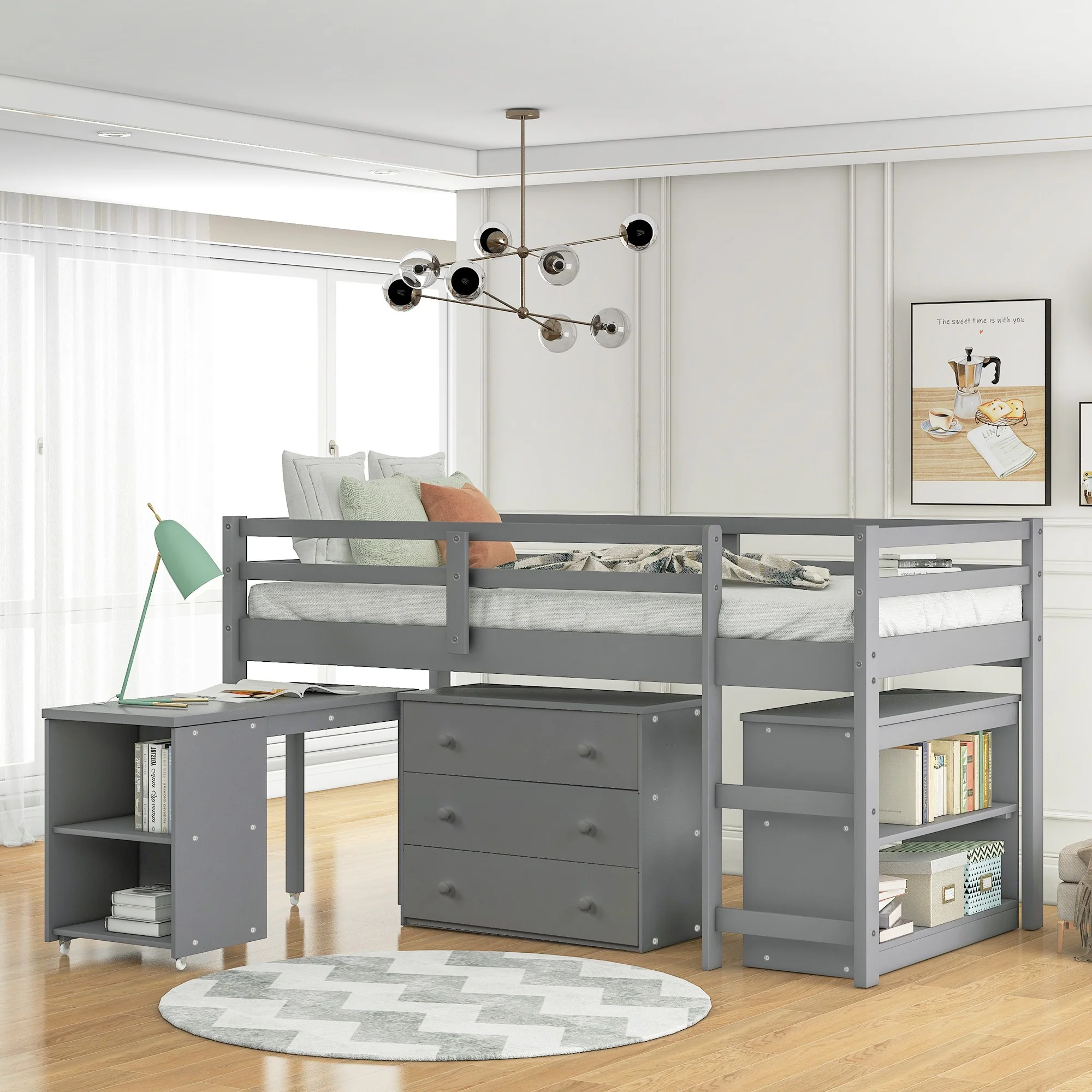 White Low Twin Loft Bed With Cabinet And Desk By Homeroots - Image 10