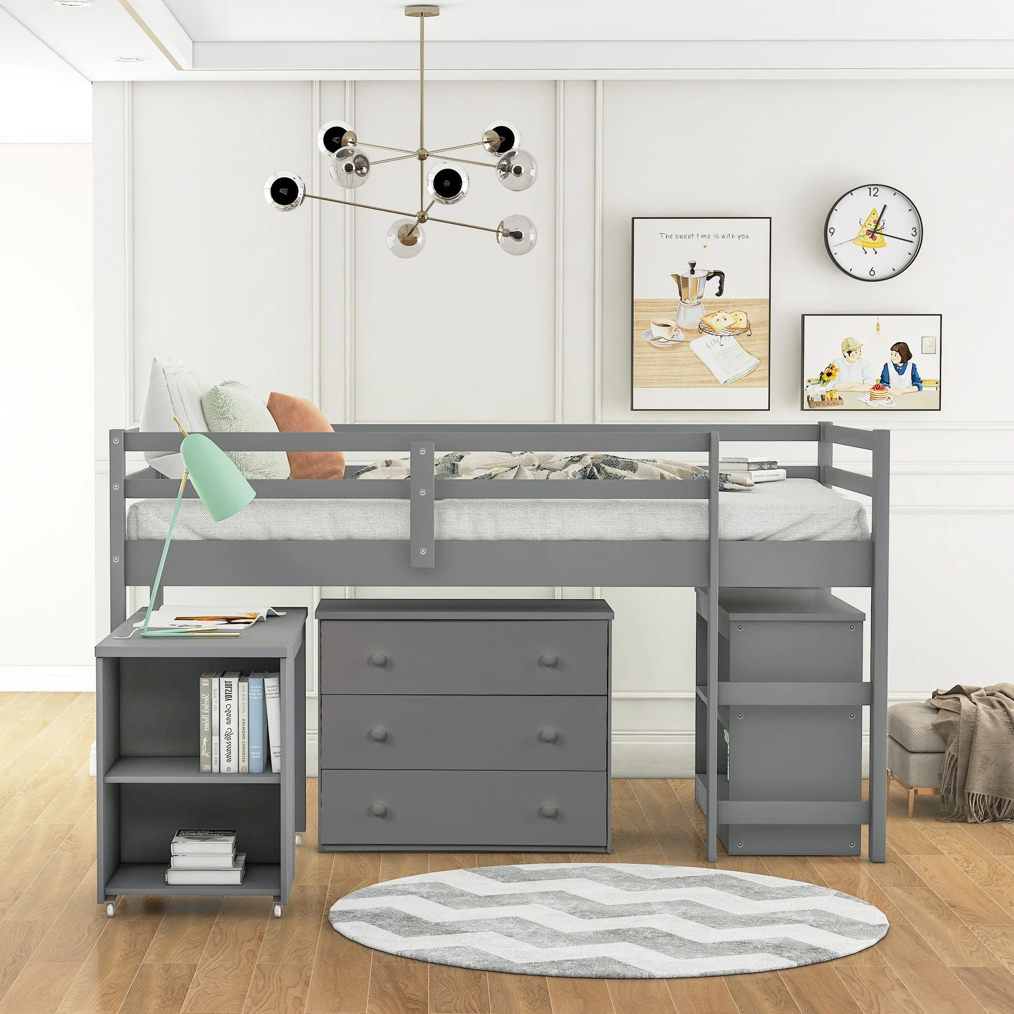White Low Twin Loft Bed With Cabinet And Desk By Homeroots - Image 11