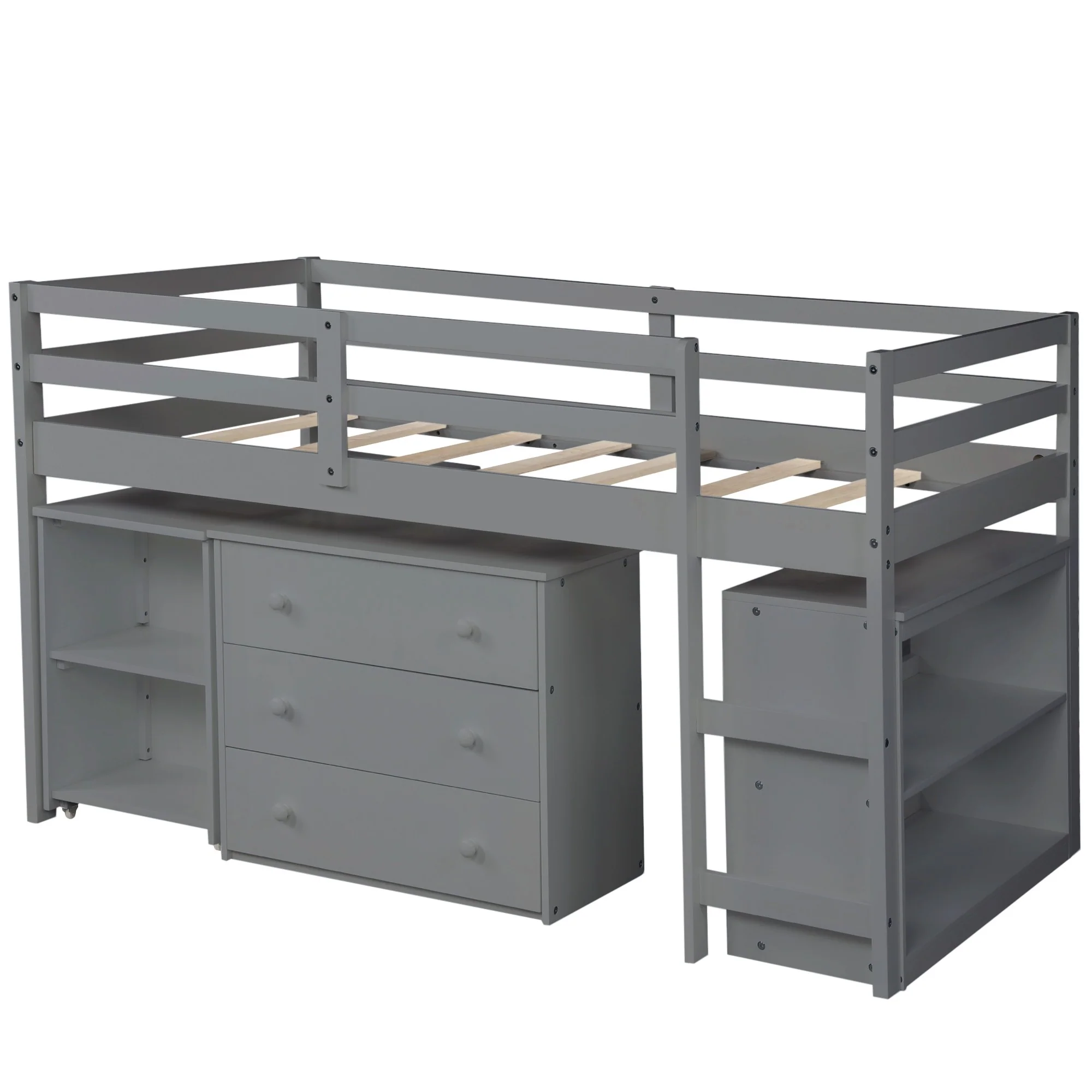 White Low Twin Loft Bed With Cabinet And Desk By Homeroots - Image 14