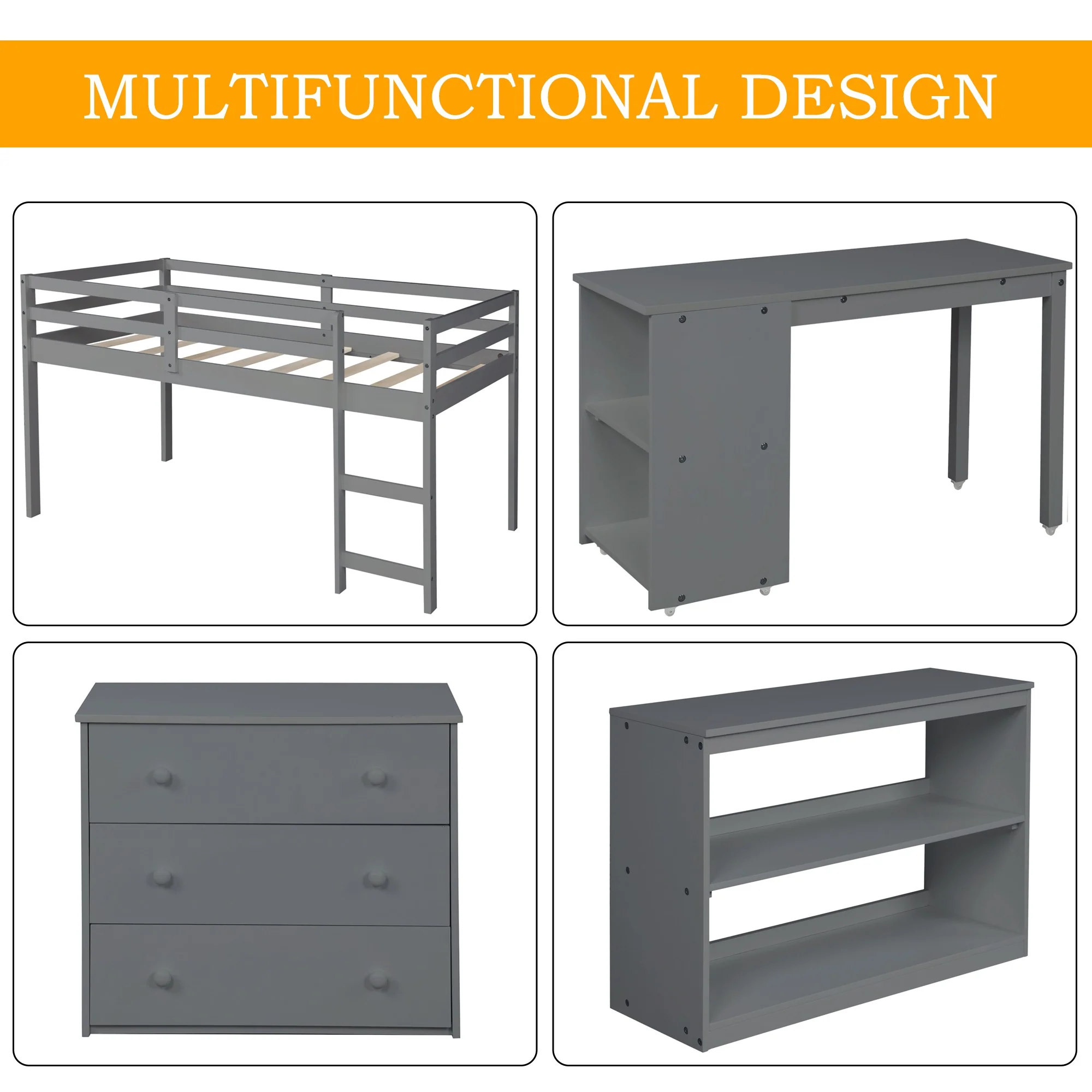 White Low Twin Loft Bed With Cabinet And Desk By Homeroots - Image 15