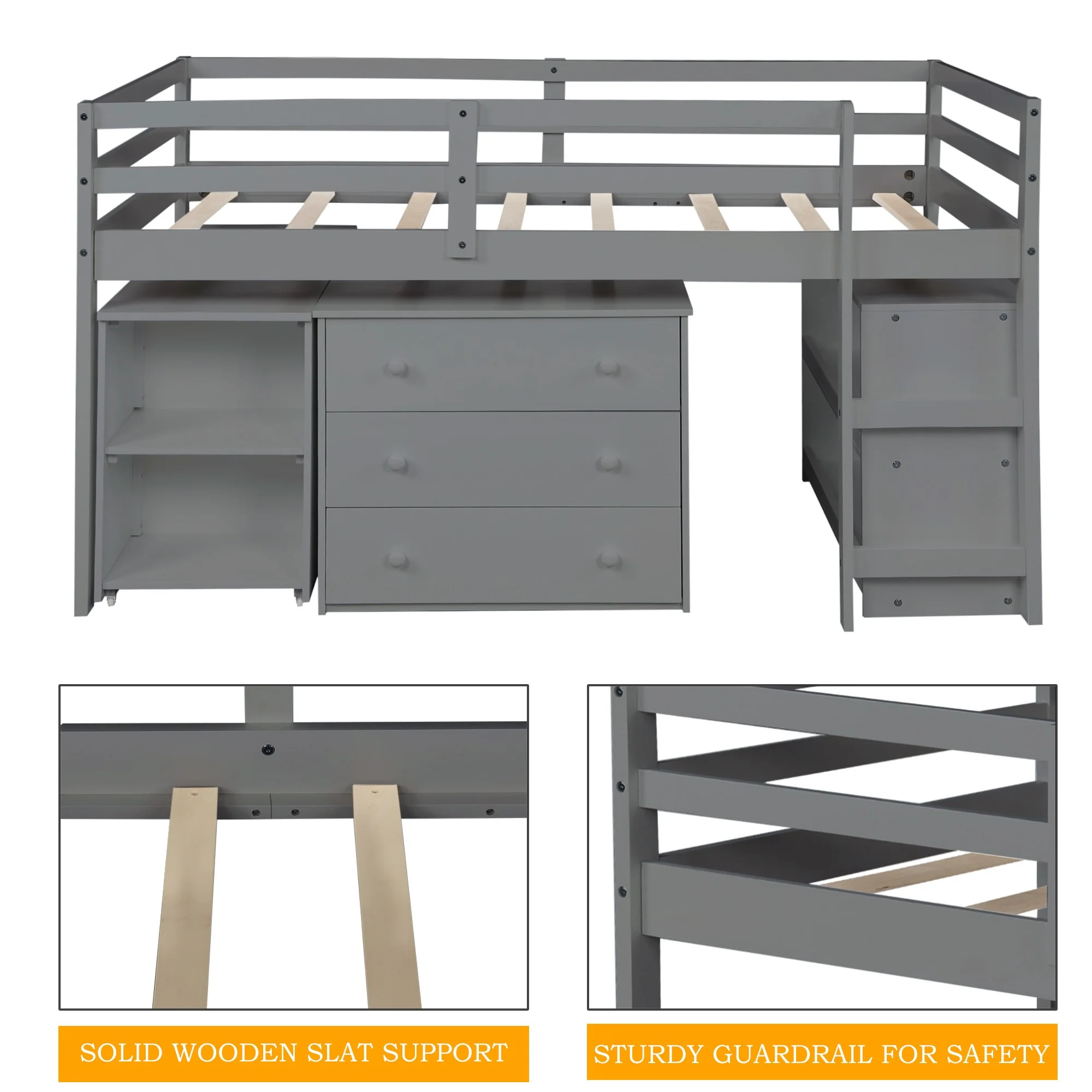 White Low Twin Loft Bed With Cabinet And Desk By Homeroots - Image 16