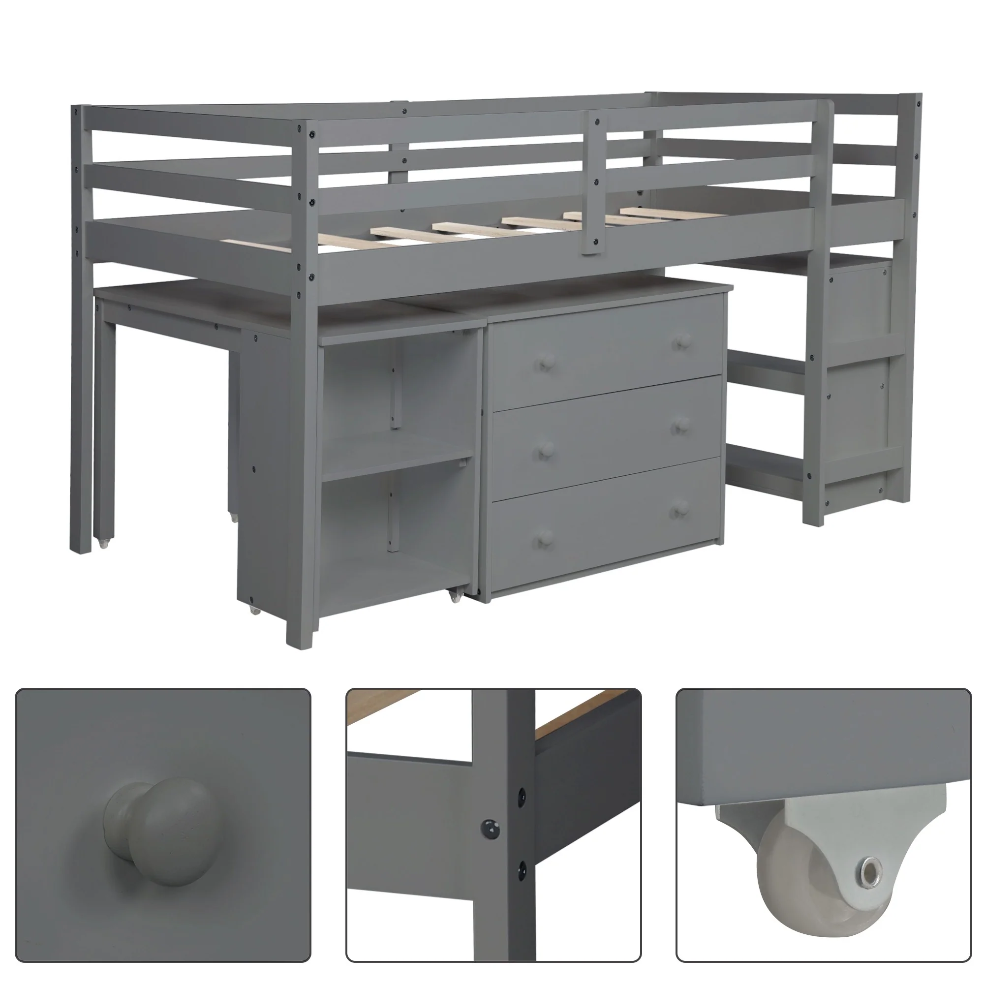White Low Twin Loft Bed With Cabinet And Desk By Homeroots - Image 17