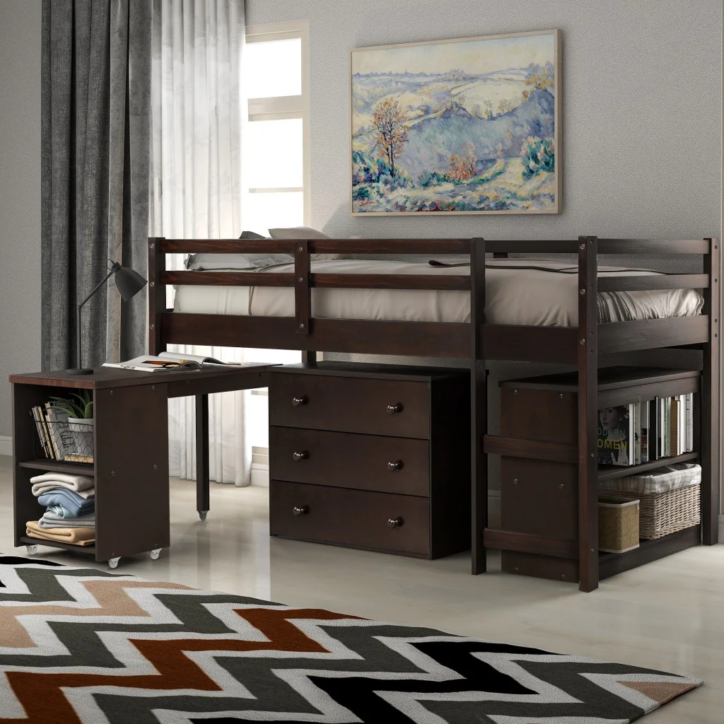 White Low Twin Loft Bed With Cabinet And Desk By Homeroots - Image 19
