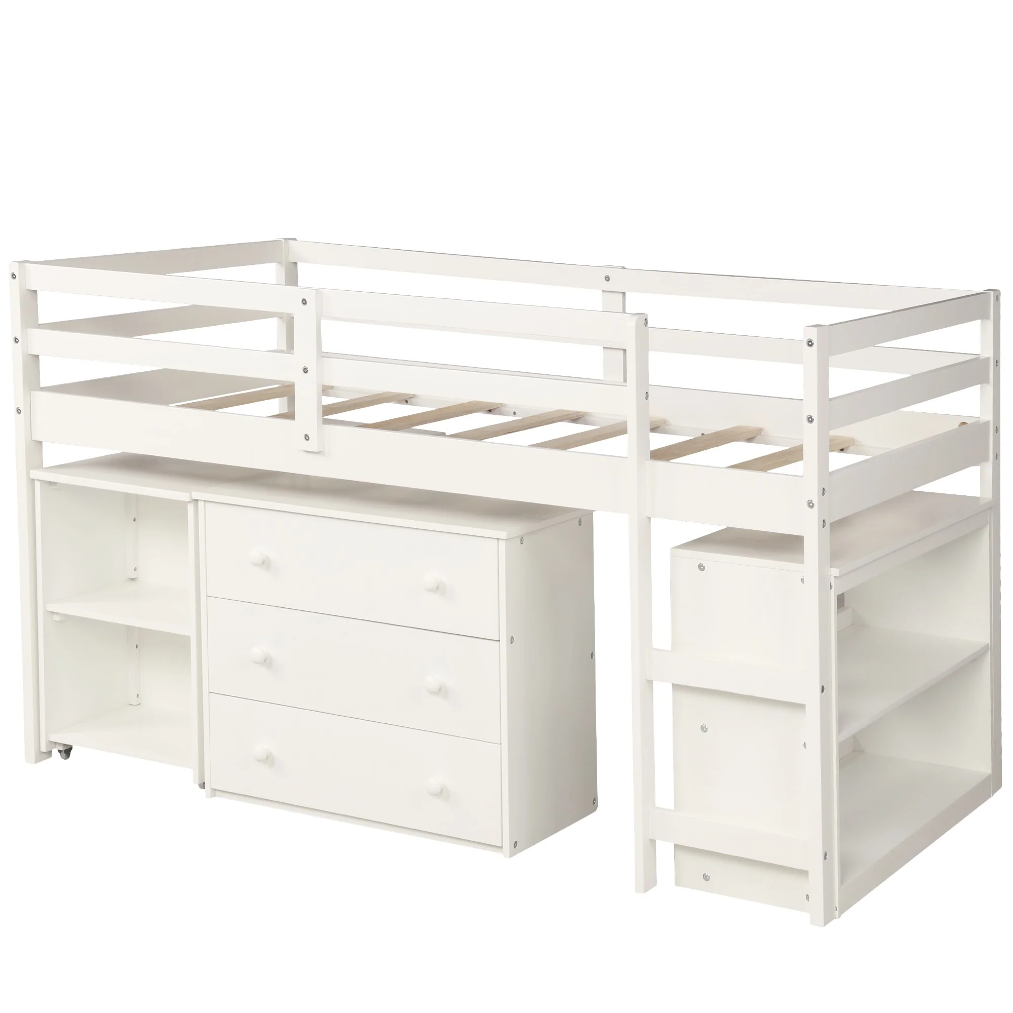 White Low Twin Loft Bed With Cabinet And Desk By Homeroots - Image 2