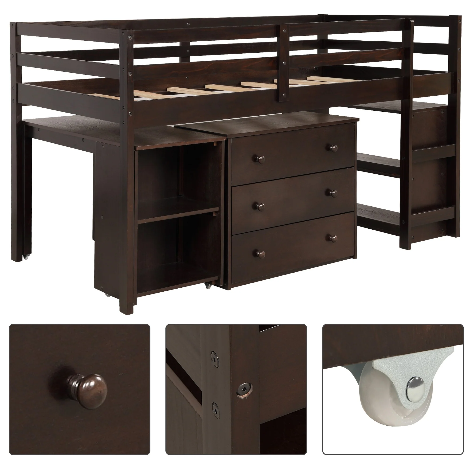 White Low Twin Loft Bed With Cabinet And Desk By Homeroots - Image 23