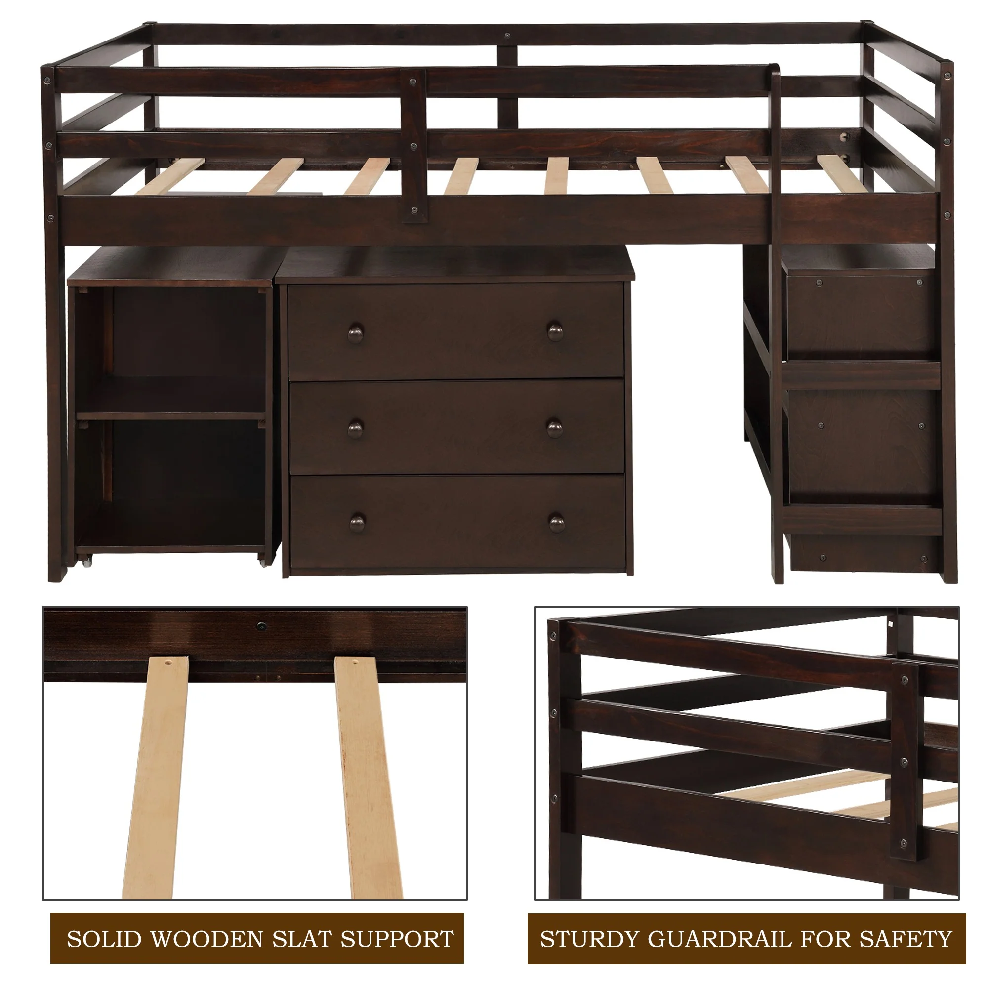 White Low Twin Loft Bed With Cabinet And Desk By Homeroots - Image 24