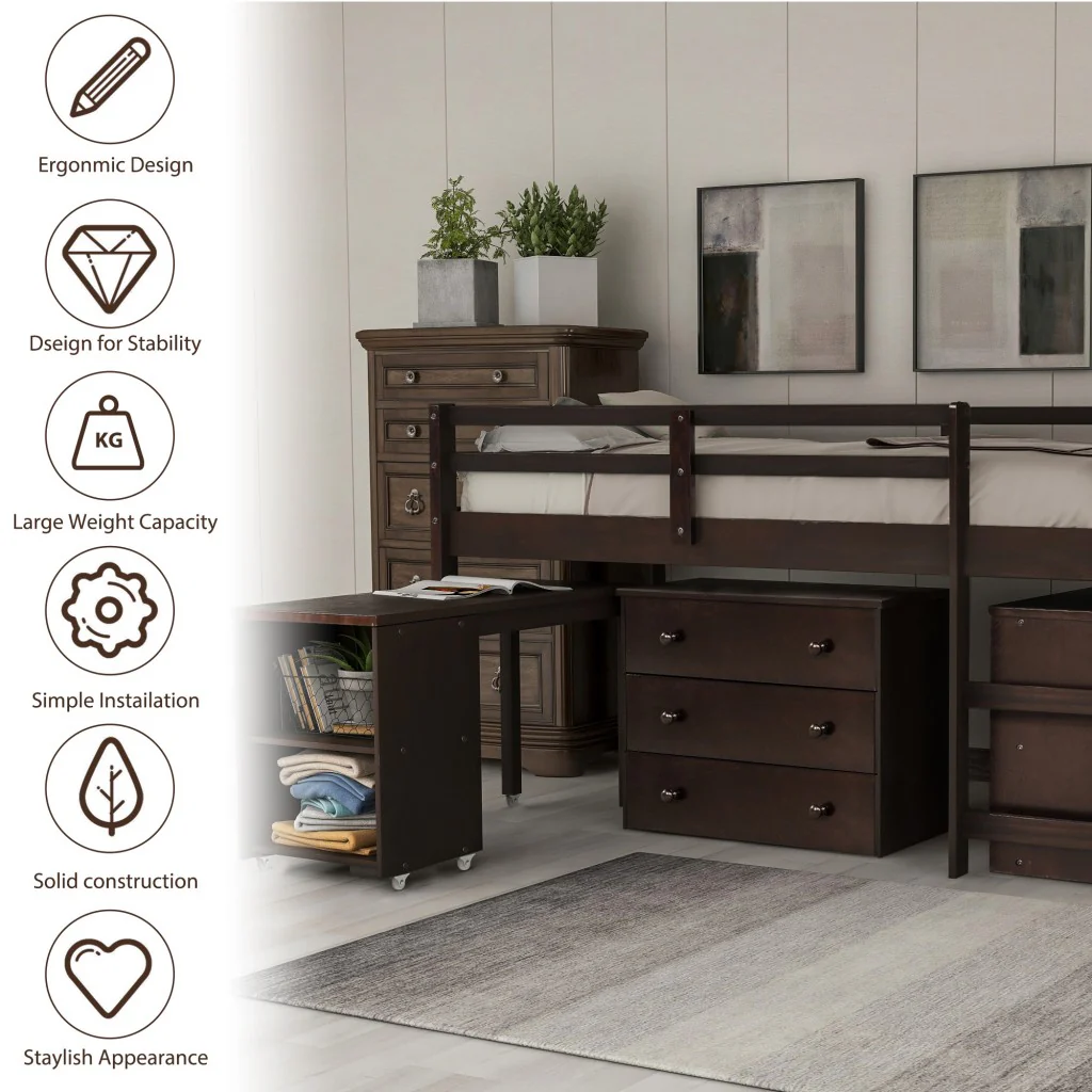 White Low Twin Loft Bed With Cabinet And Desk By Homeroots - Image 26