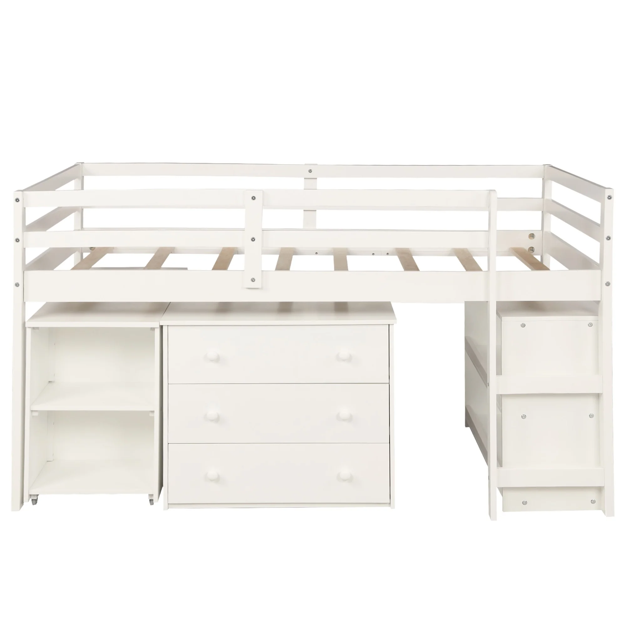White Low Twin Loft Bed With Cabinet And Desk By Homeroots - Image 3