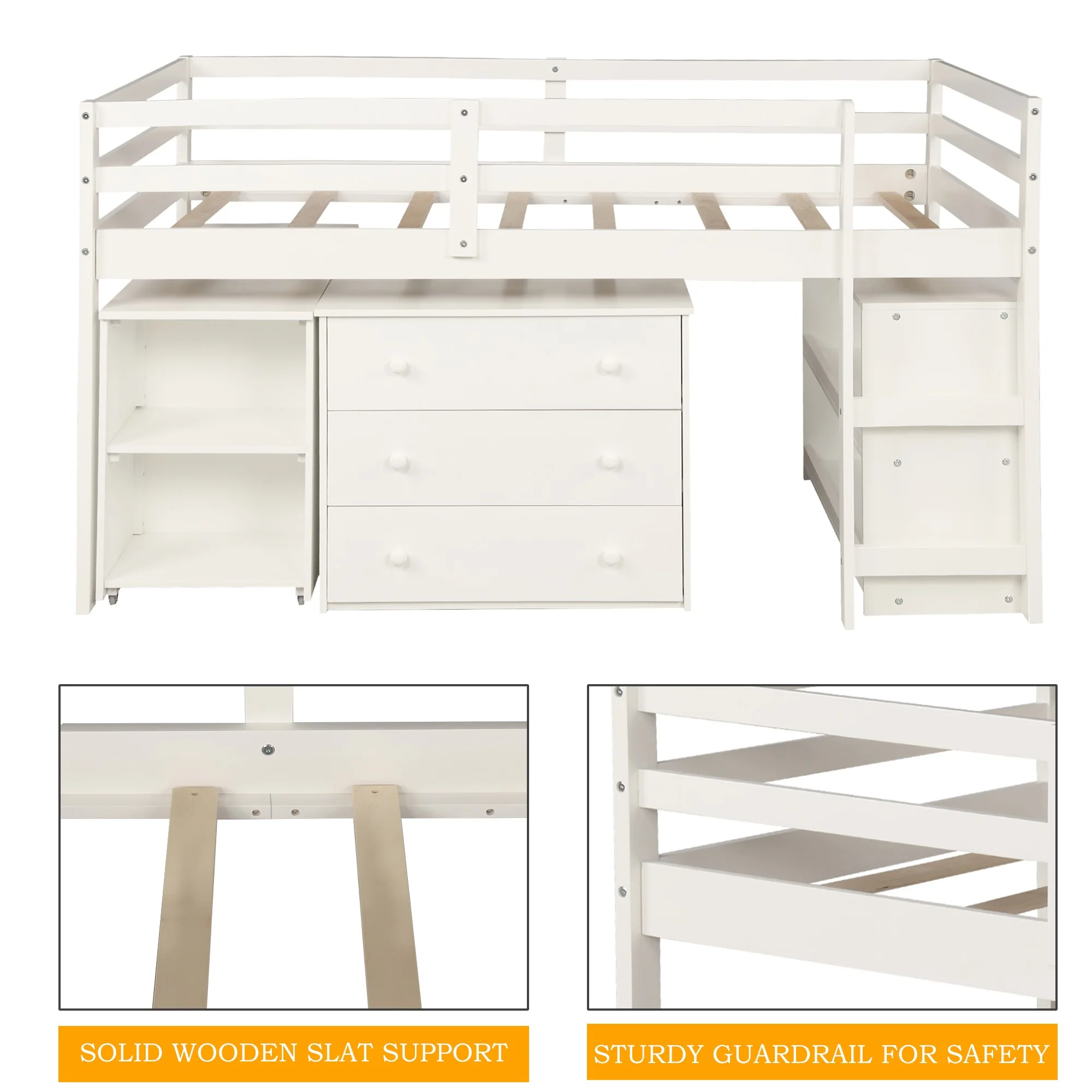 White Low Twin Loft Bed With Cabinet And Desk By Homeroots - Image 6
